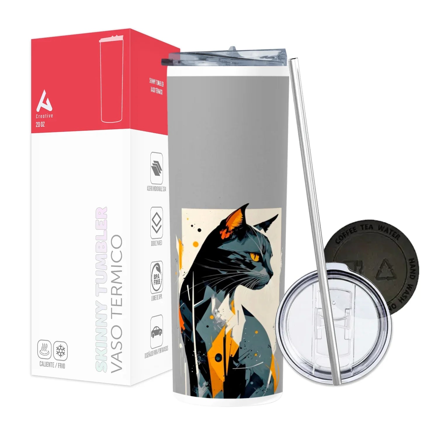 Termo Skinny Tumbler 20 oz de acero inoxidable - Gatito Abstracto