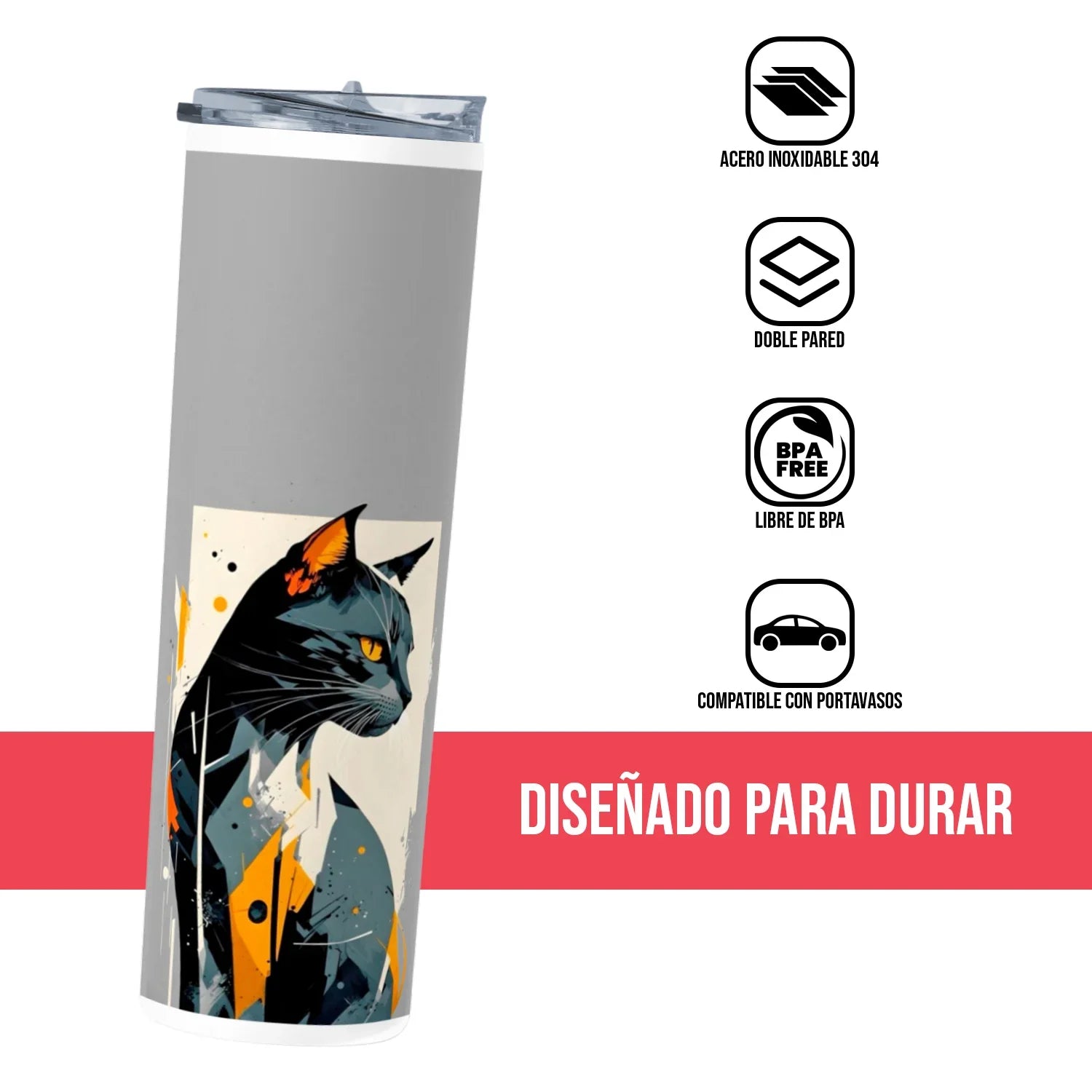Termo Skinny Tumbler 20 oz de acero inoxidable - Gatito Abstracto