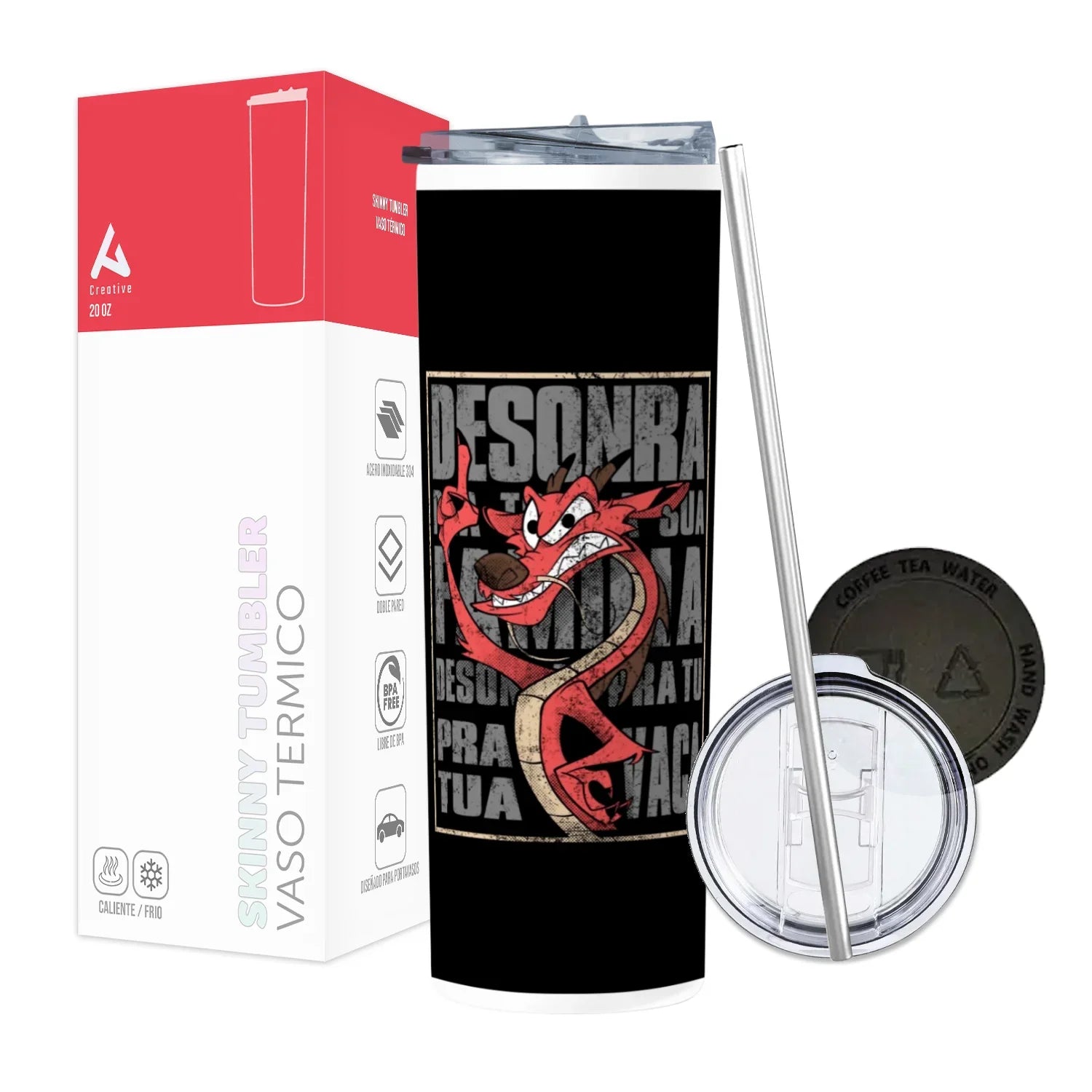 Termo Skinny Tumbler 20 oz de acero inoxidable - Mushu Desonra tu vaca
