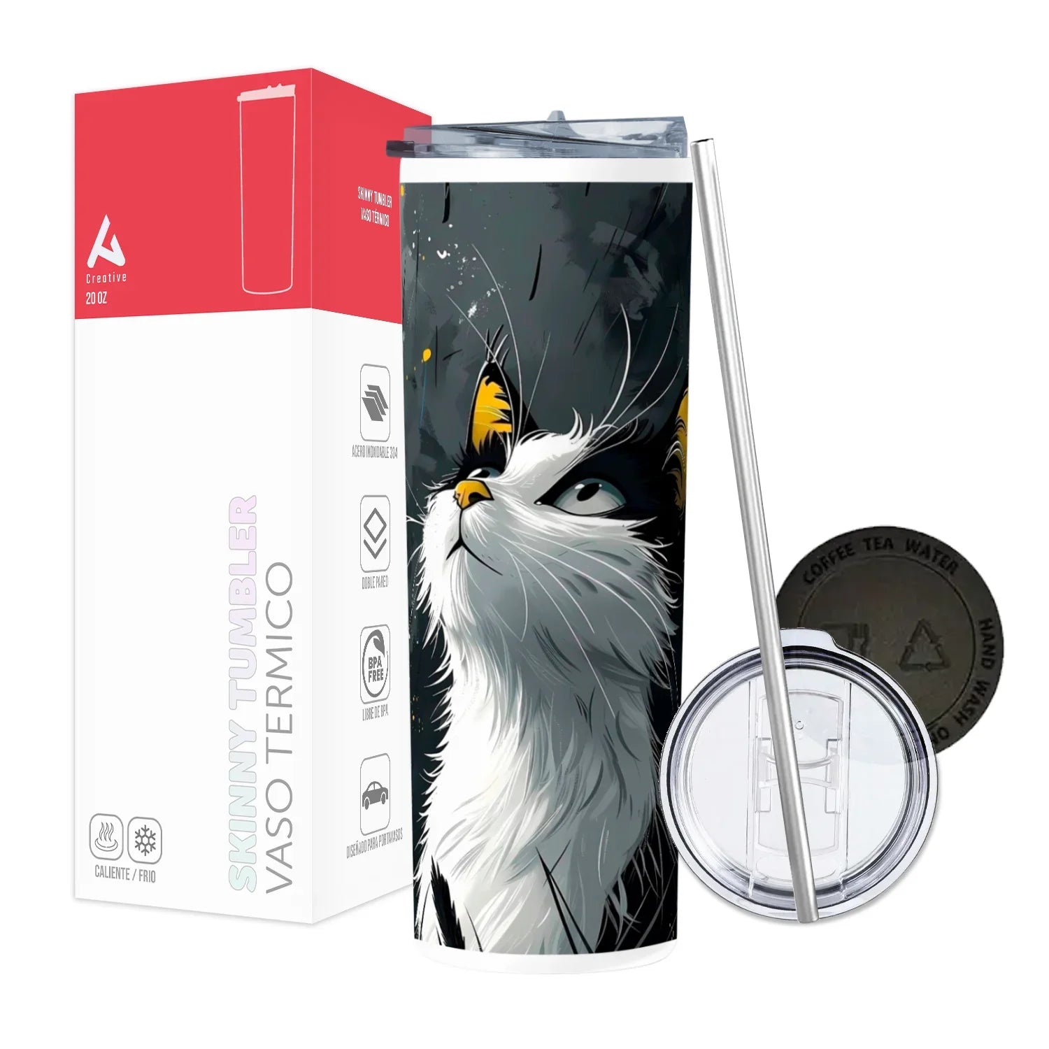 Termo Skinny Tumbler 20 oz de acero inoxidable - Gatito Mirando Arriba