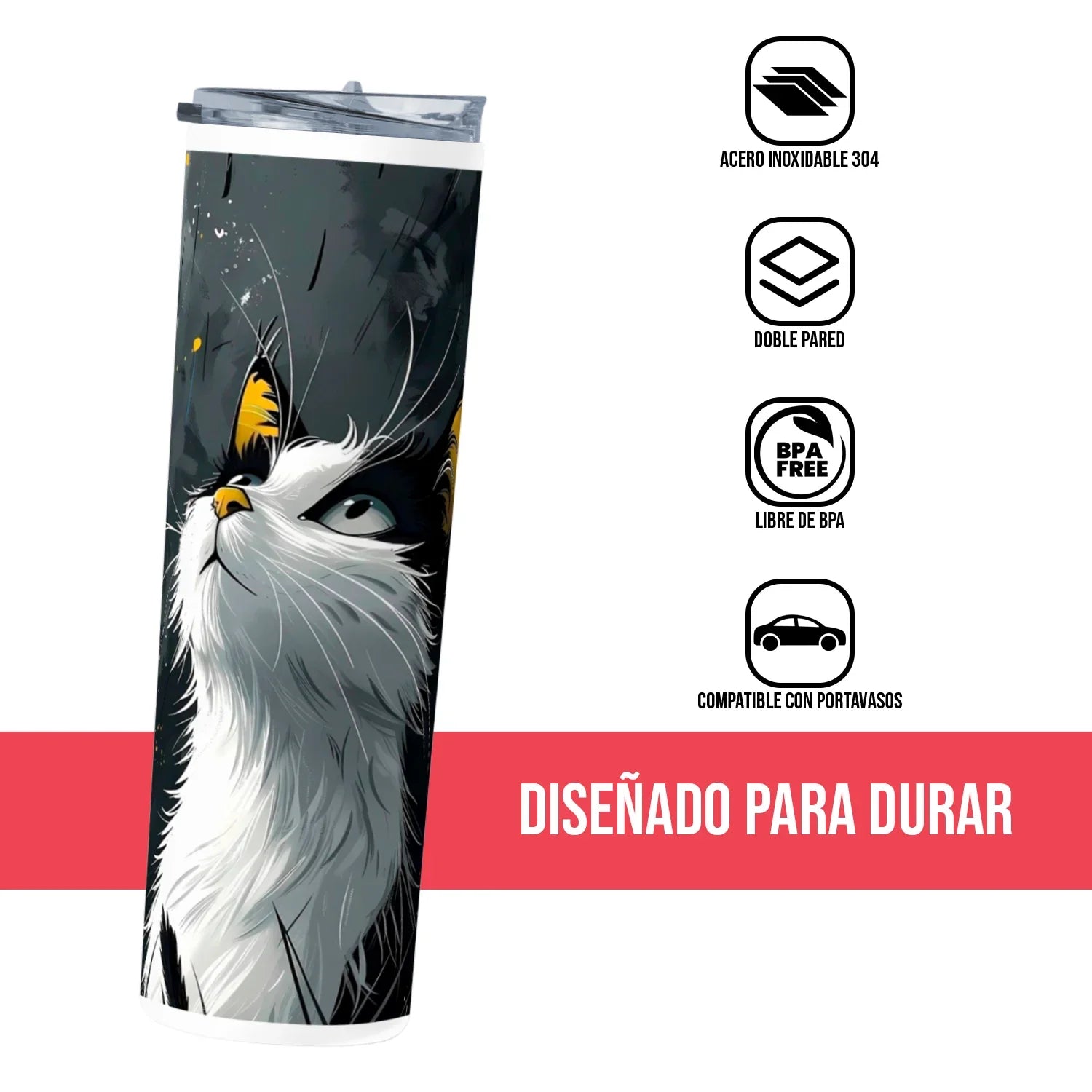 Termo Skinny Tumbler 20 oz de acero inoxidable - Gatito Mirando Arriba