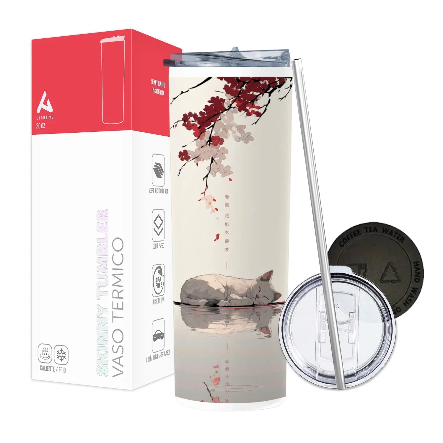 Termo Skinny Tumbler 20 oz de acero inoxidable - Gatito Paisaje Japones