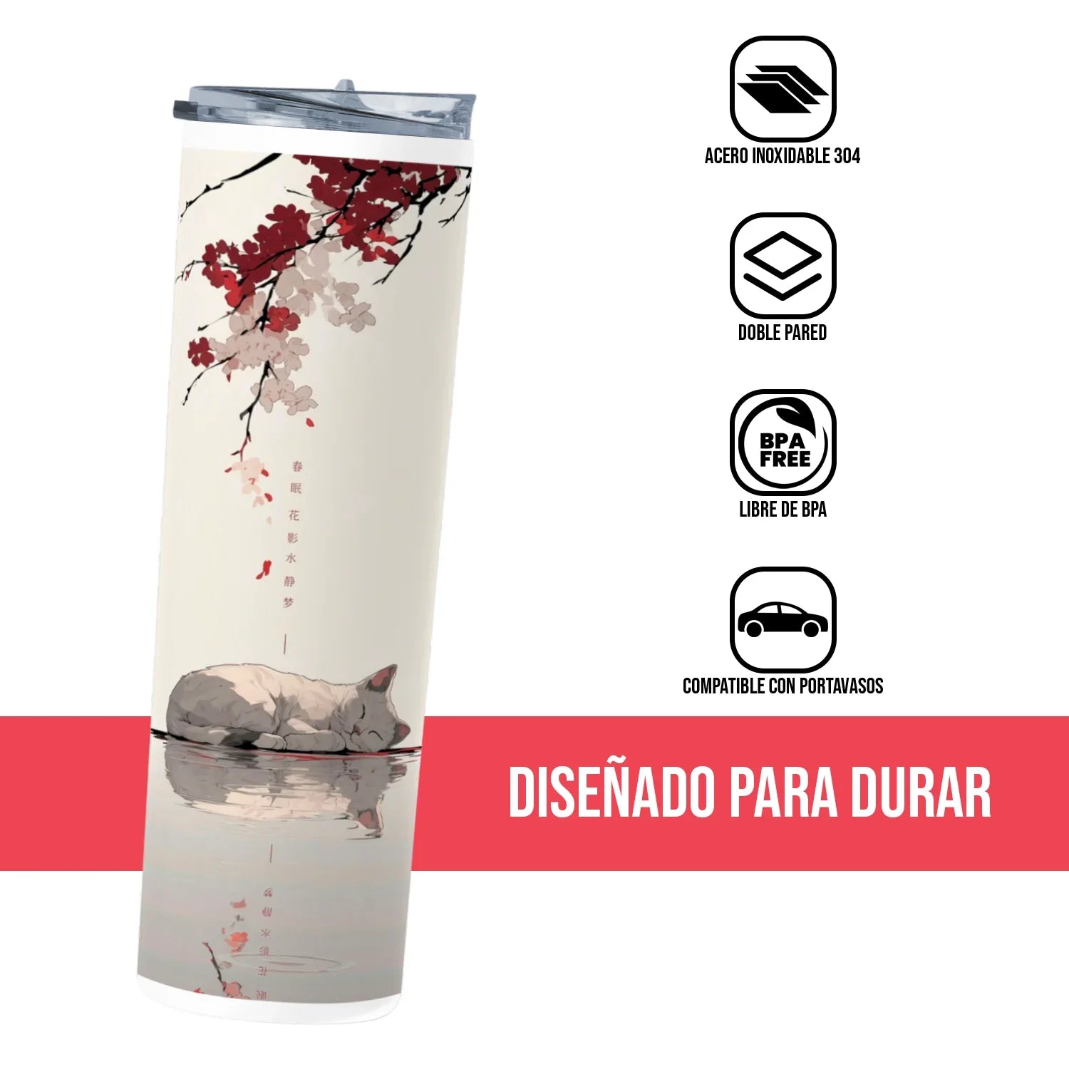 Termo Skinny Tumbler 20 oz de acero inoxidable - Gatito Paisaje Japones