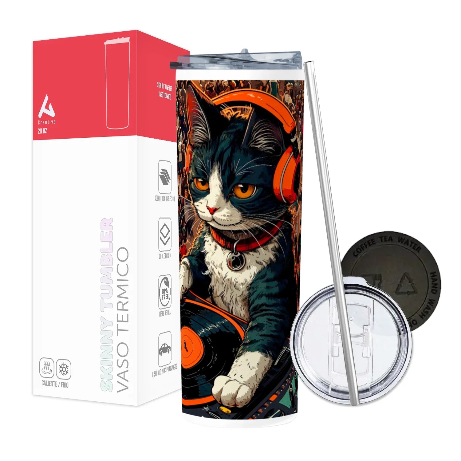 Termo Skinny Tumbler 20 oz de acero inoxidable - Gato DJ