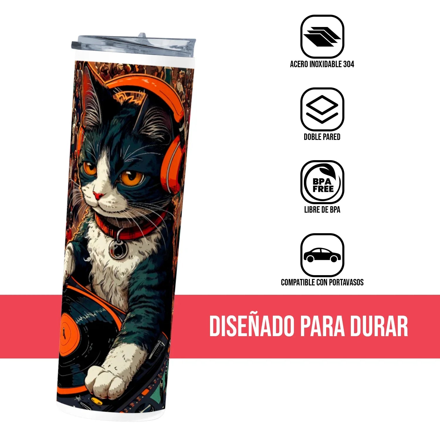 Termo Skinny Tumbler 20 oz de acero inoxidable - Gato DJ