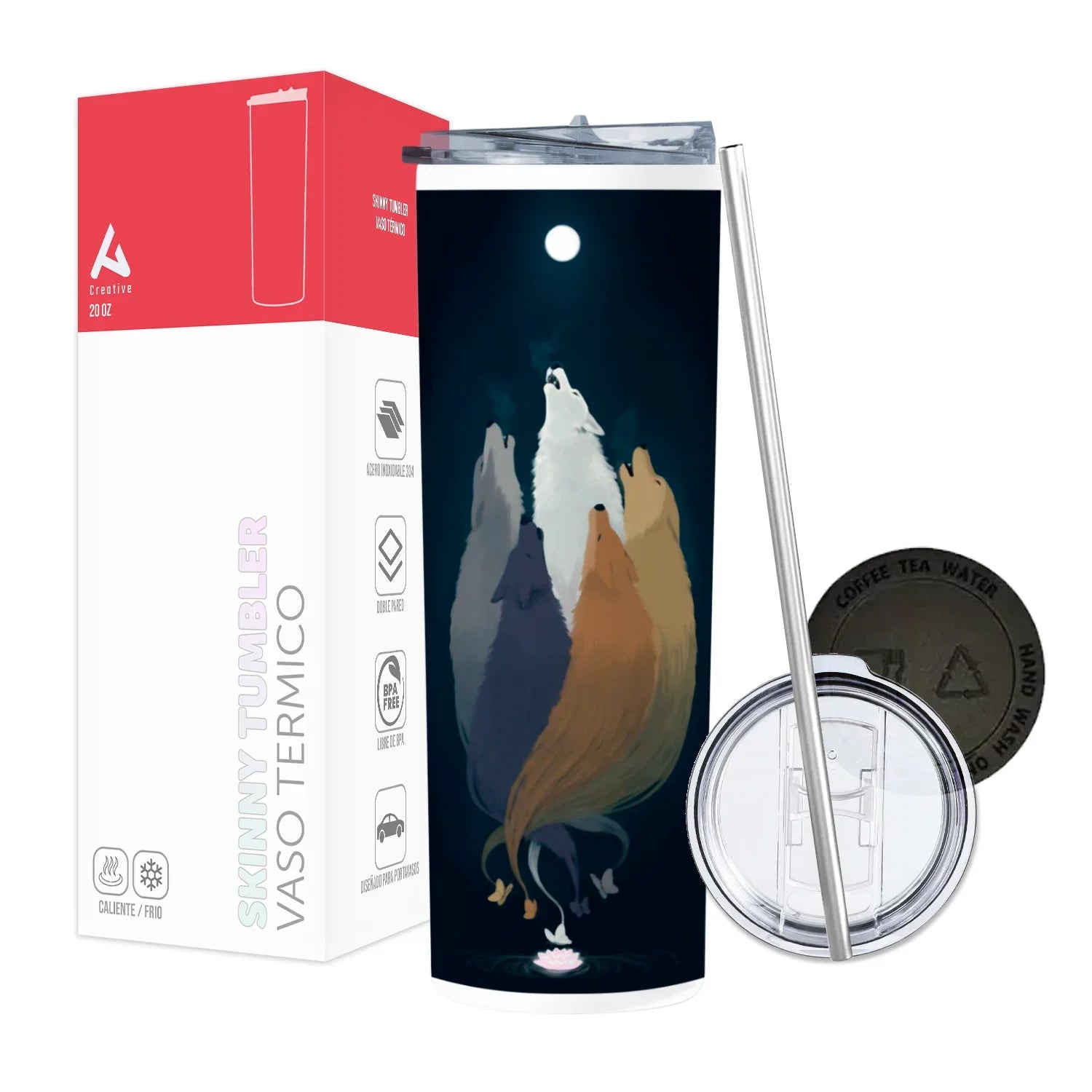 Termo Skinny Tumbler 20 oz de acero inoxidable - Lobos Luna