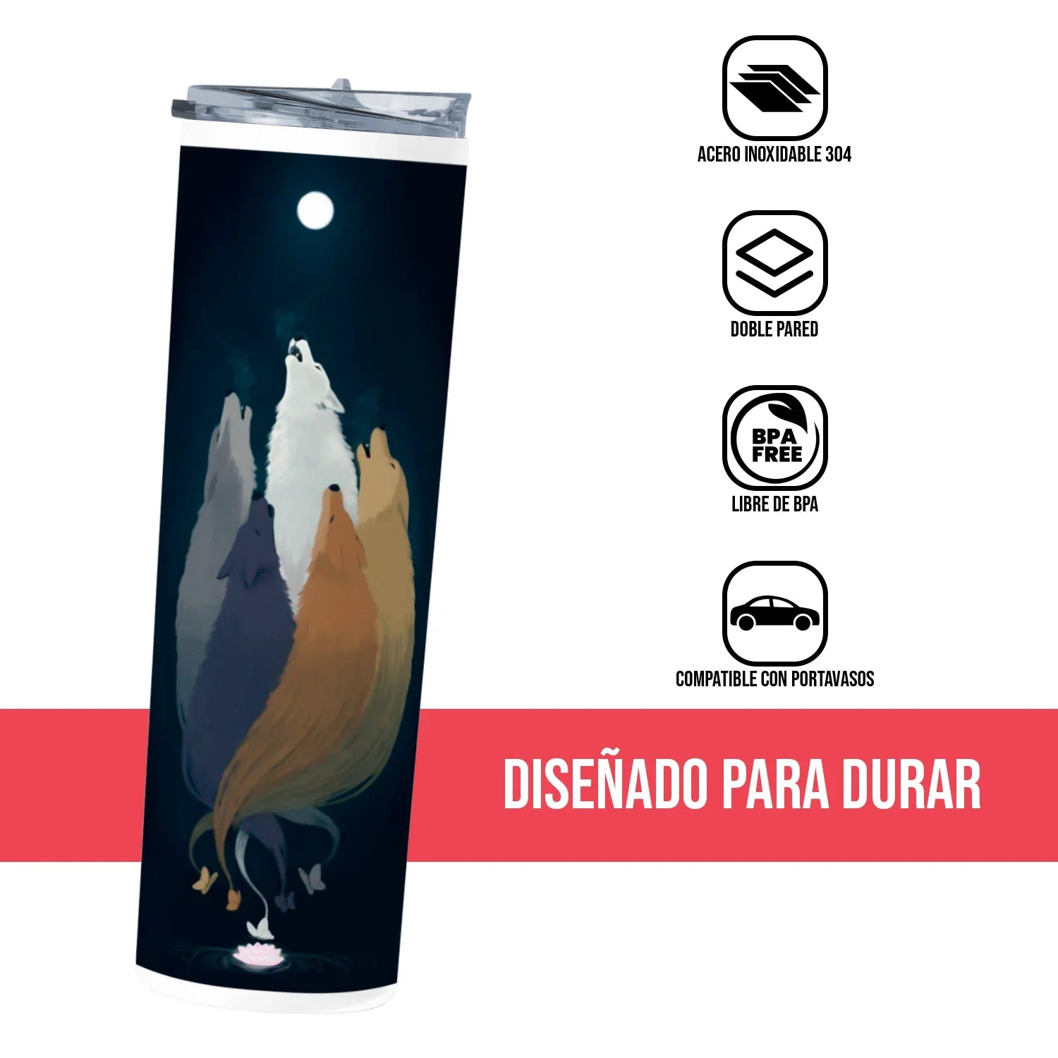 Termo Skinny Tumbler 20 oz de acero inoxidable - Lobos Luna