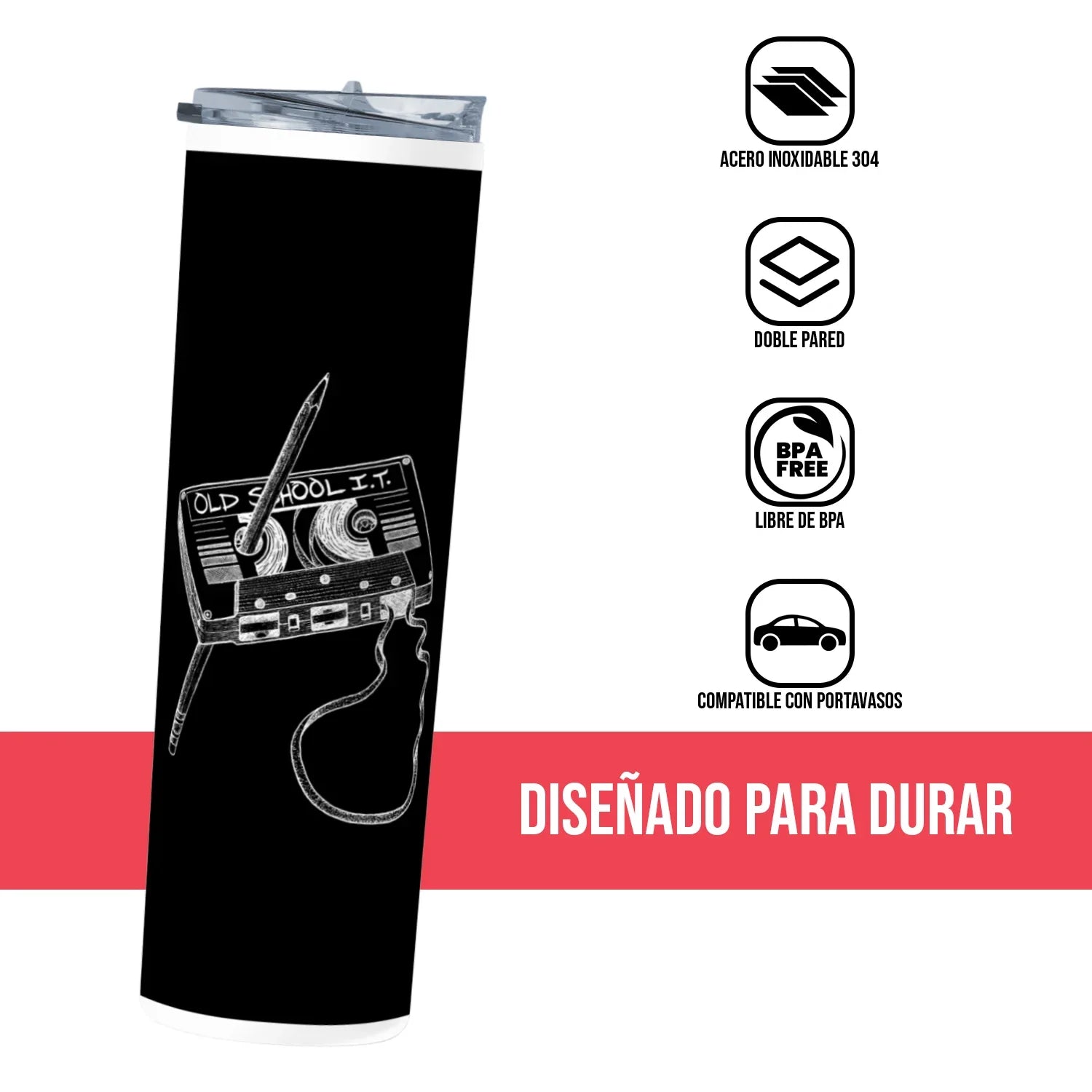 Termo Skinny Tumbler 20 oz de acero inoxidable - Old School Cassette