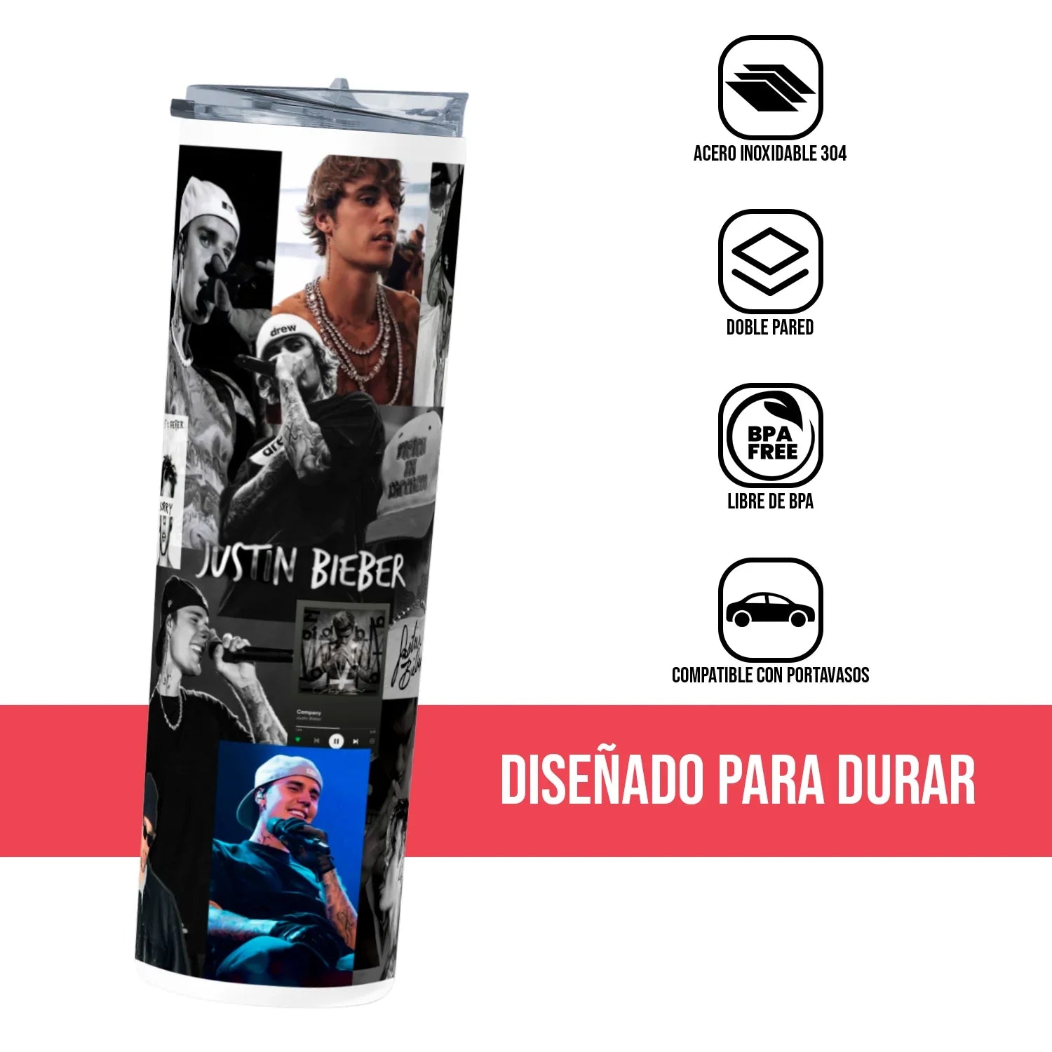 Termo Skinny Tumbler 20 oz de acero inoxidable - Justin Bieberr