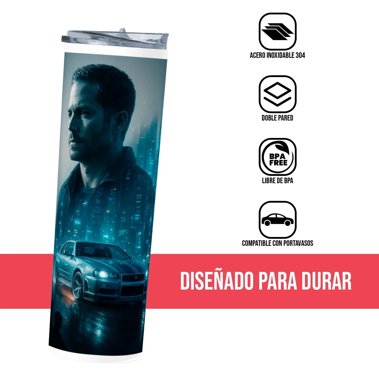 Termo Skinny Tumbler 20 oz de acero inoxidable - Fast Furious Paul Walker