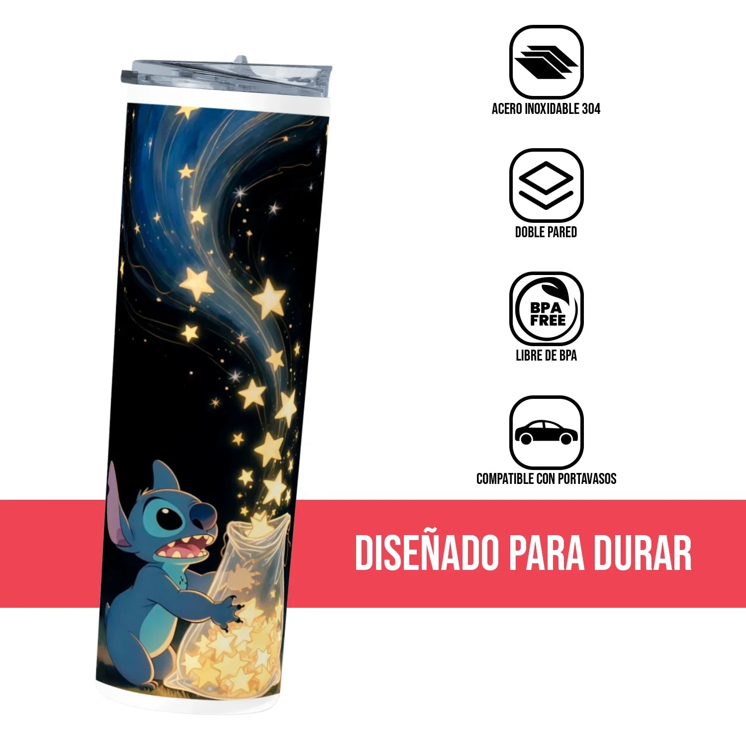 Termo Skinny Tumbler 20 oz de acero inoxidable - Stitch Estrellas