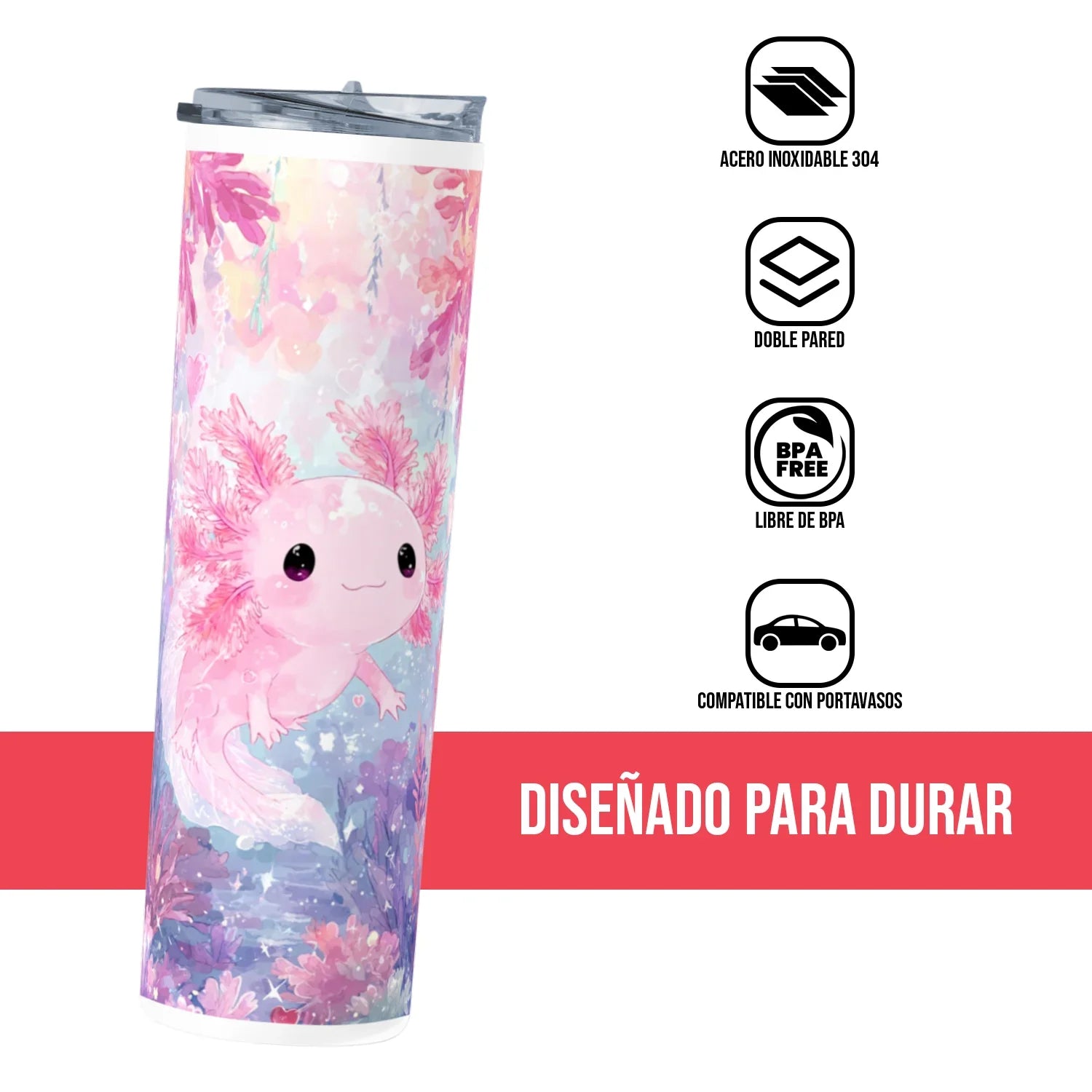 Termo Skinny Tumbler 20 oz de acero inoxidable - Axolotl Rosa