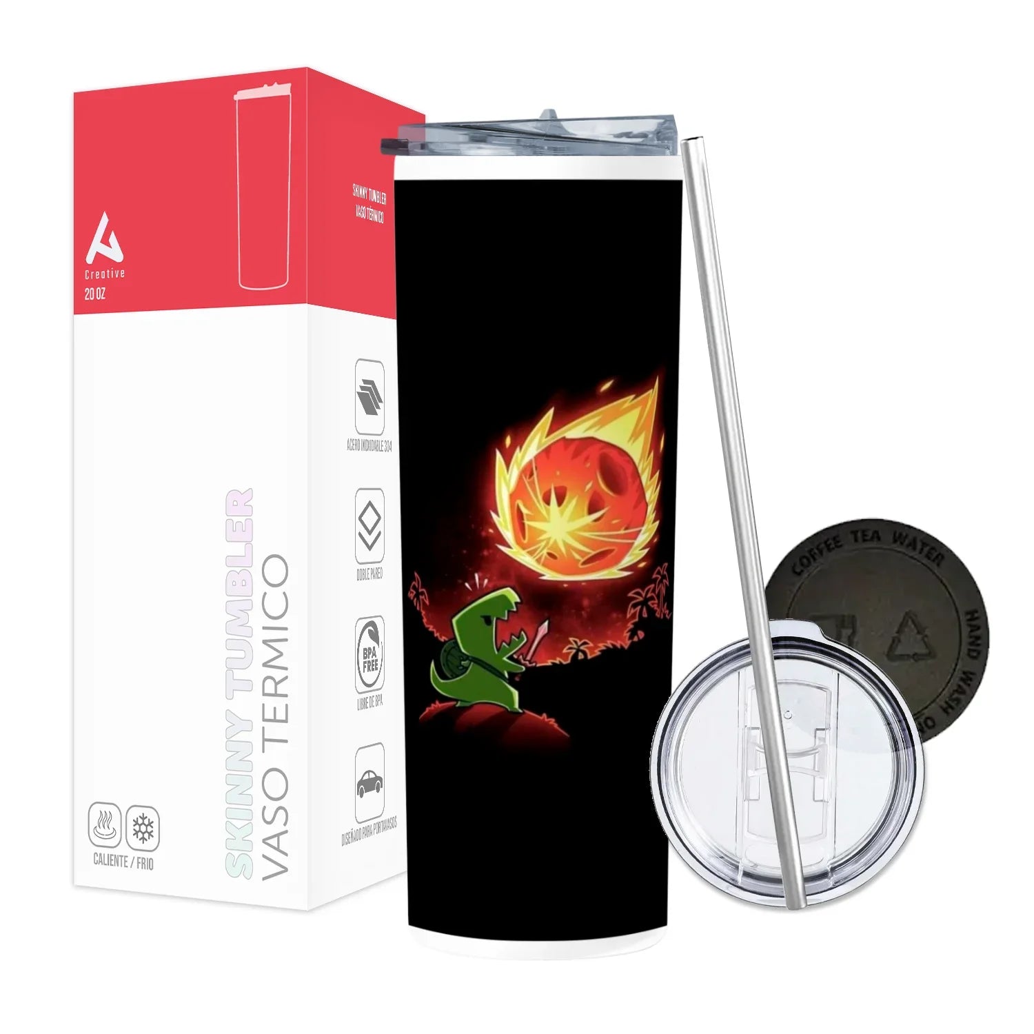 Termo Skinny Tumbler 20 oz de acero inoxidable - Dinosaurio Contra Meteorito