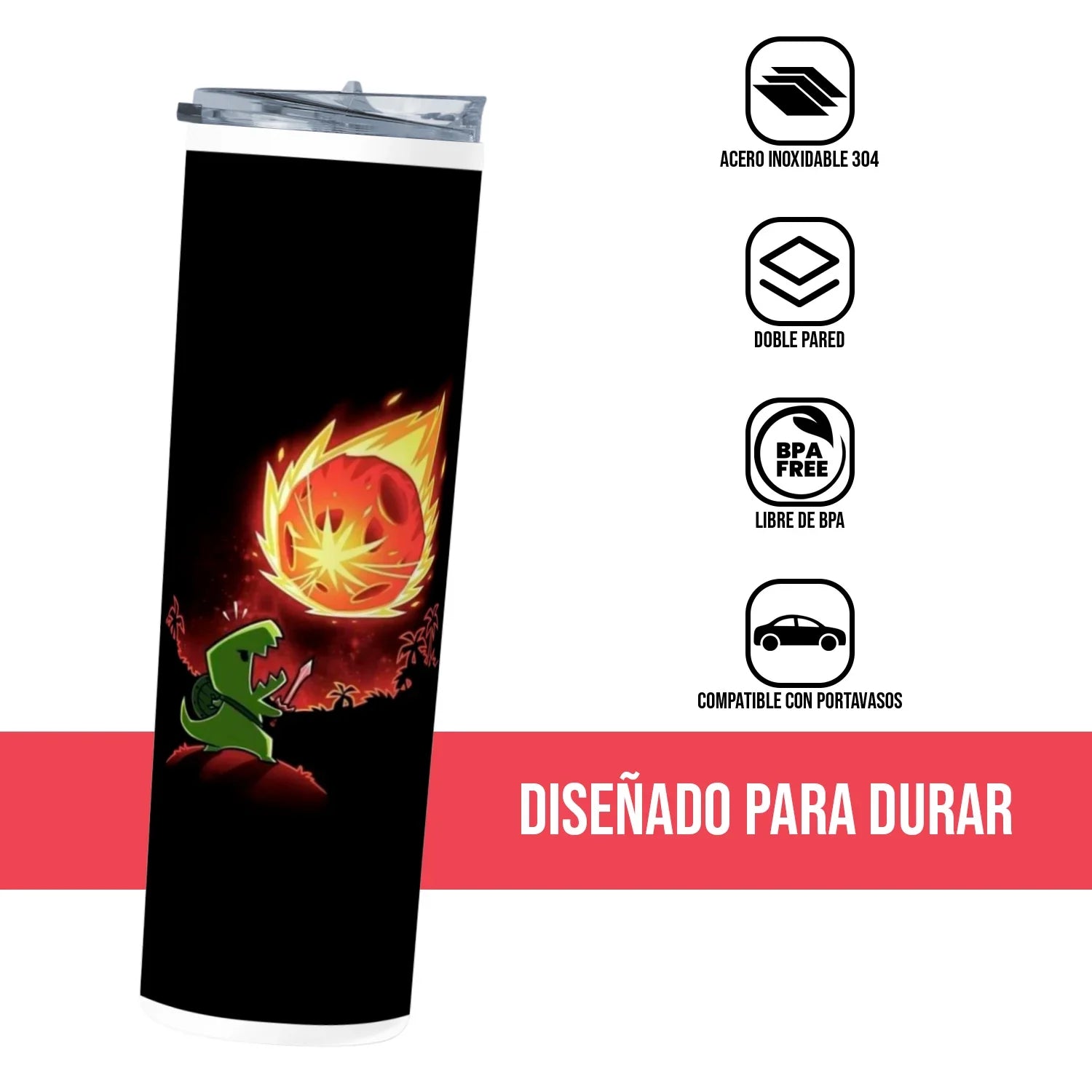 Termo Skinny Tumbler 20 oz de acero inoxidable - Dinosaurio Contra Meteorito