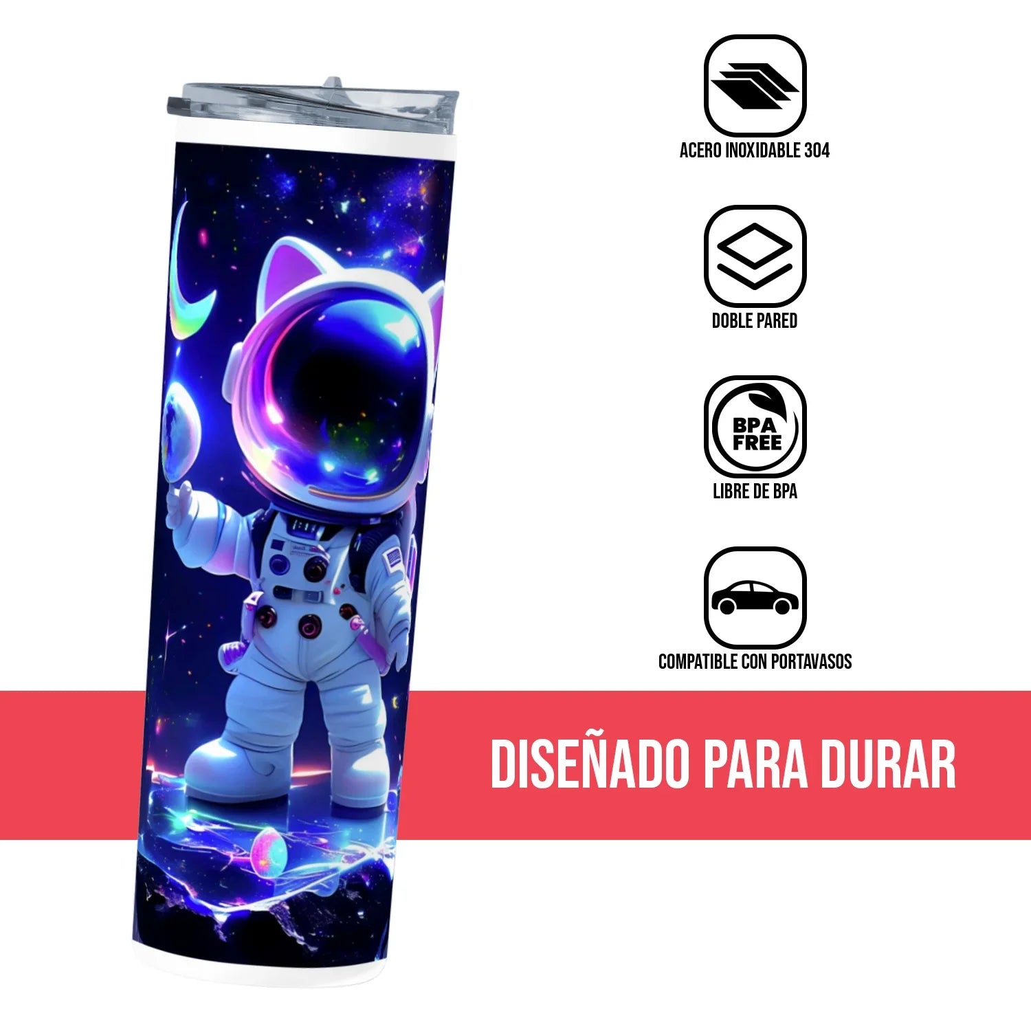 Termo Skinny Tumbler 20 oz de acero inoxidable - Astronauta con oregas de gato