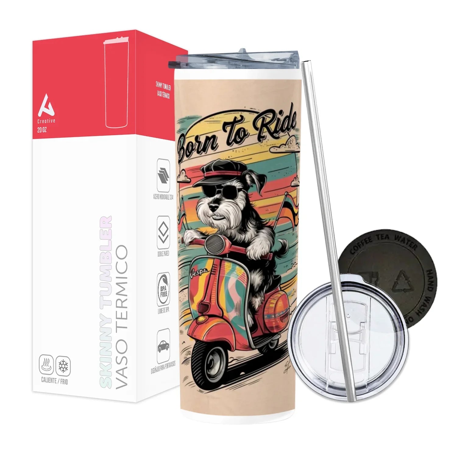Termo Skinny Tumbler 20 oz de acero inoxidable - Born to ride Schnauzer