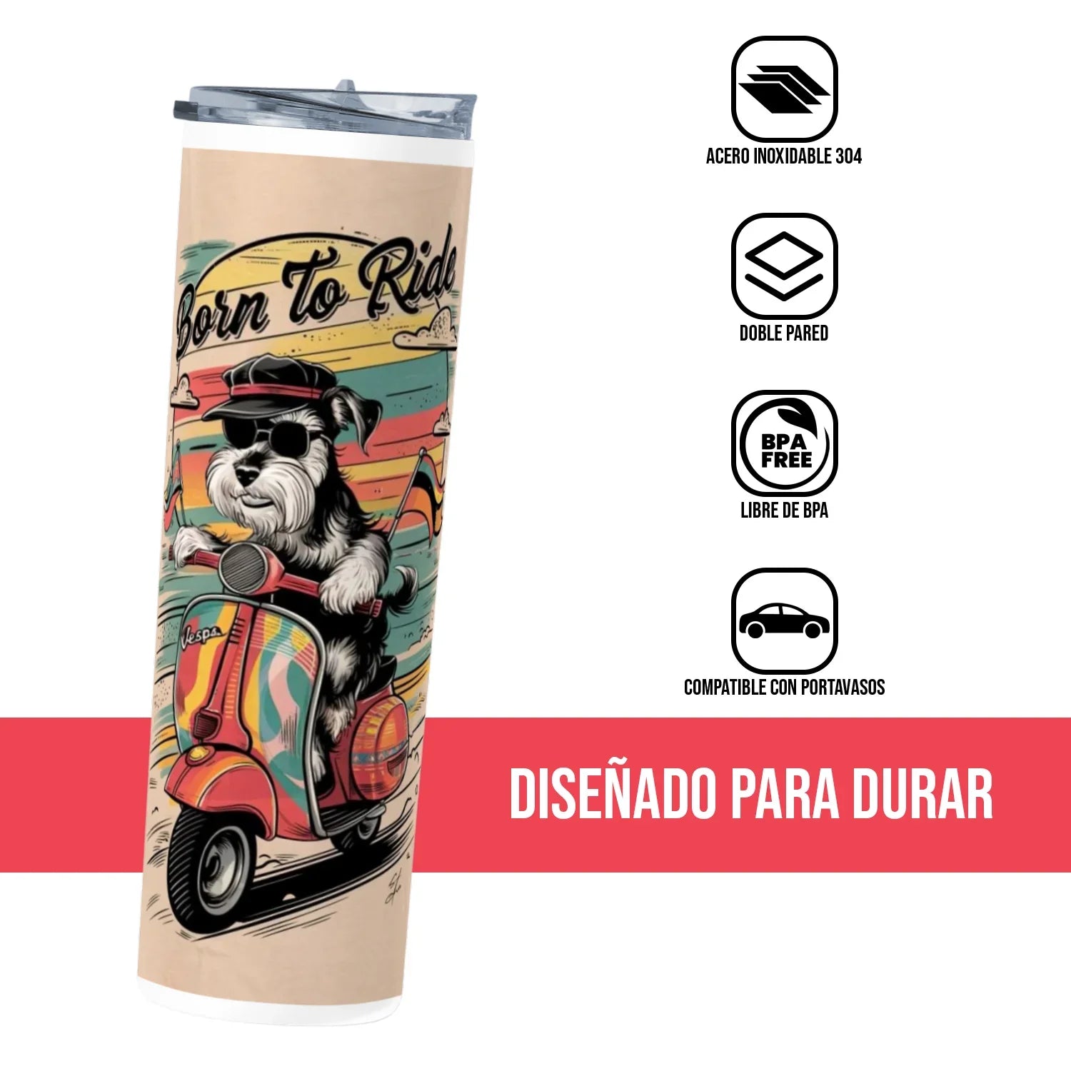 Termo Skinny Tumbler 20 oz de acero inoxidable - Born to ride Schnauzer