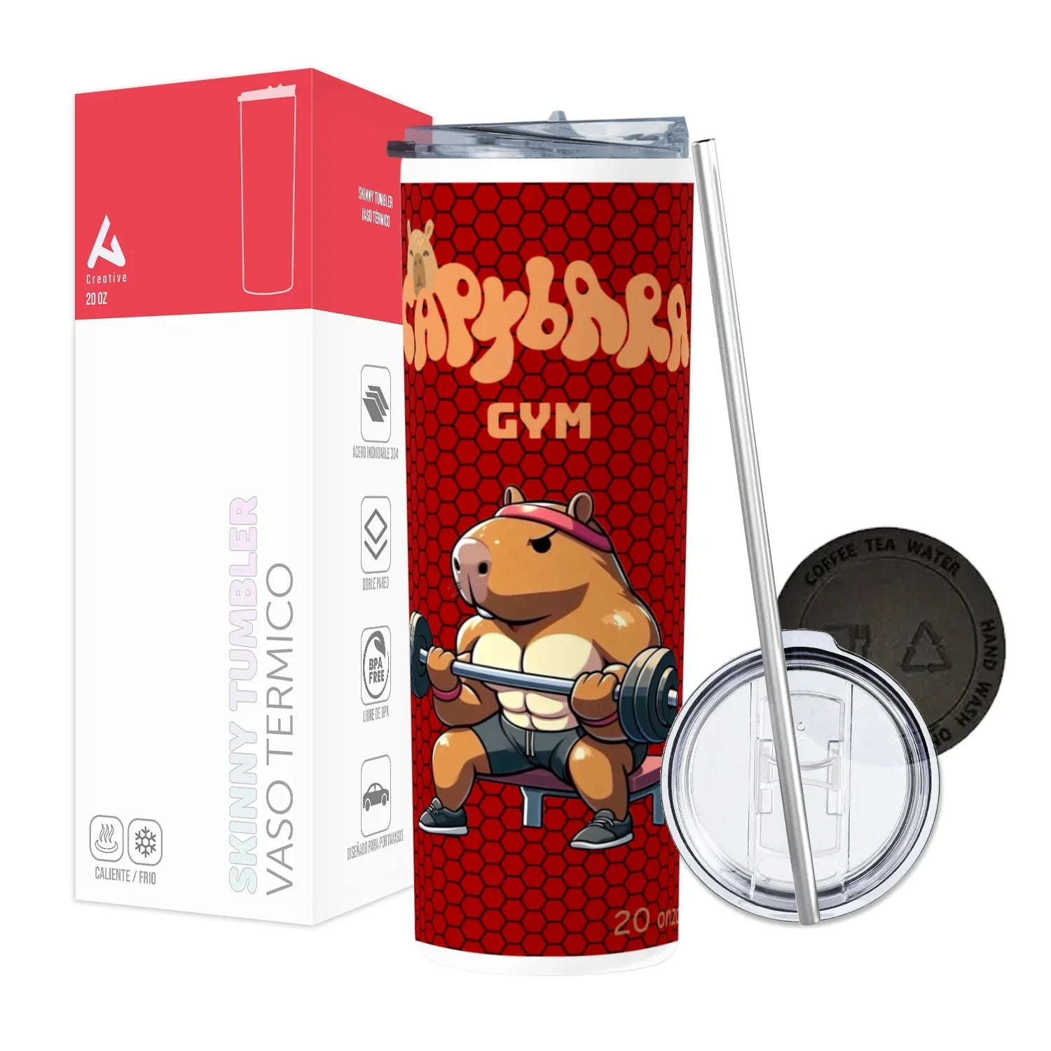 Termo Skinny Tumbler 20 oz de acero inoxidable - Capibara Gym Rojo