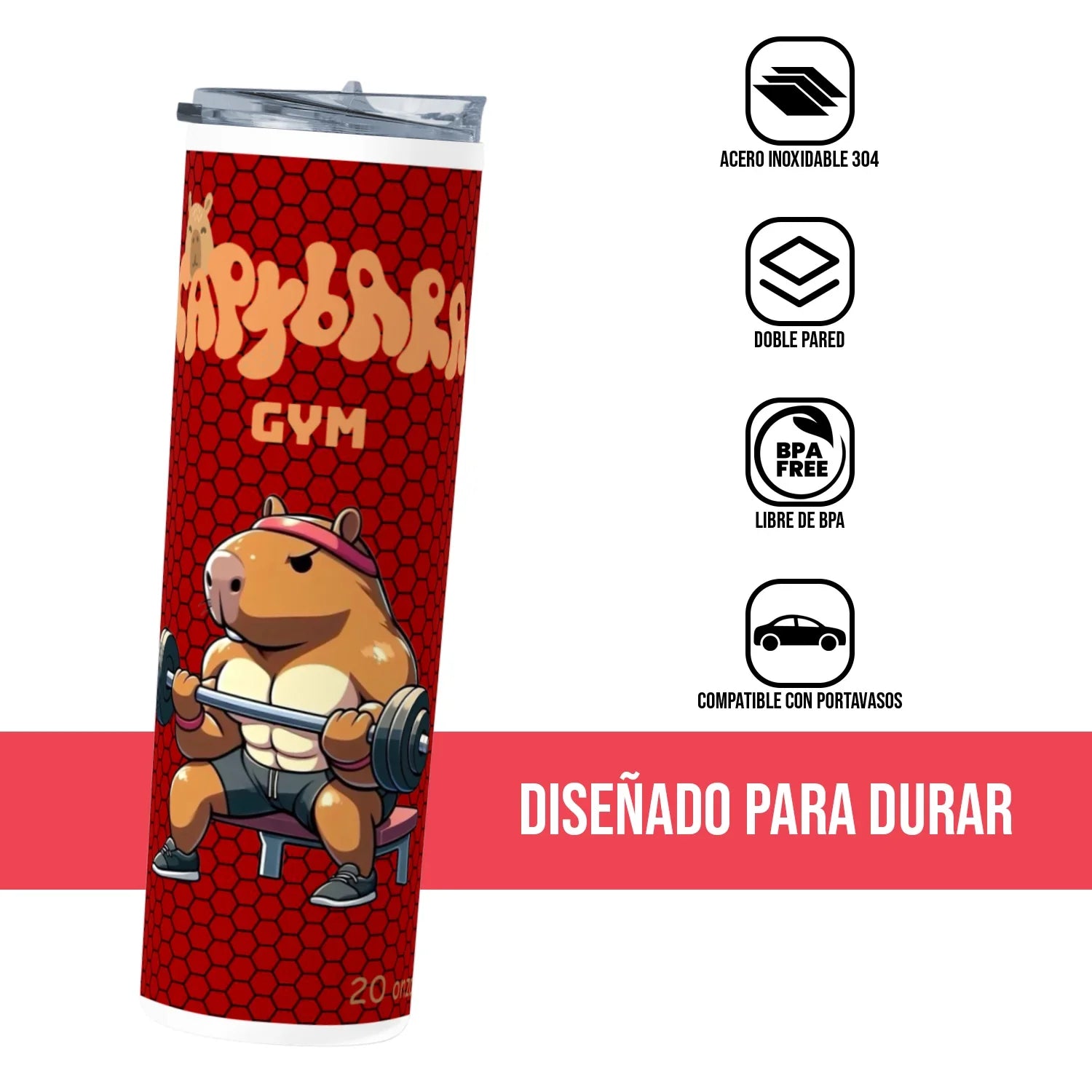 Termo Skinny Tumbler 20 oz de acero inoxidable - Capibara Gym Rojo