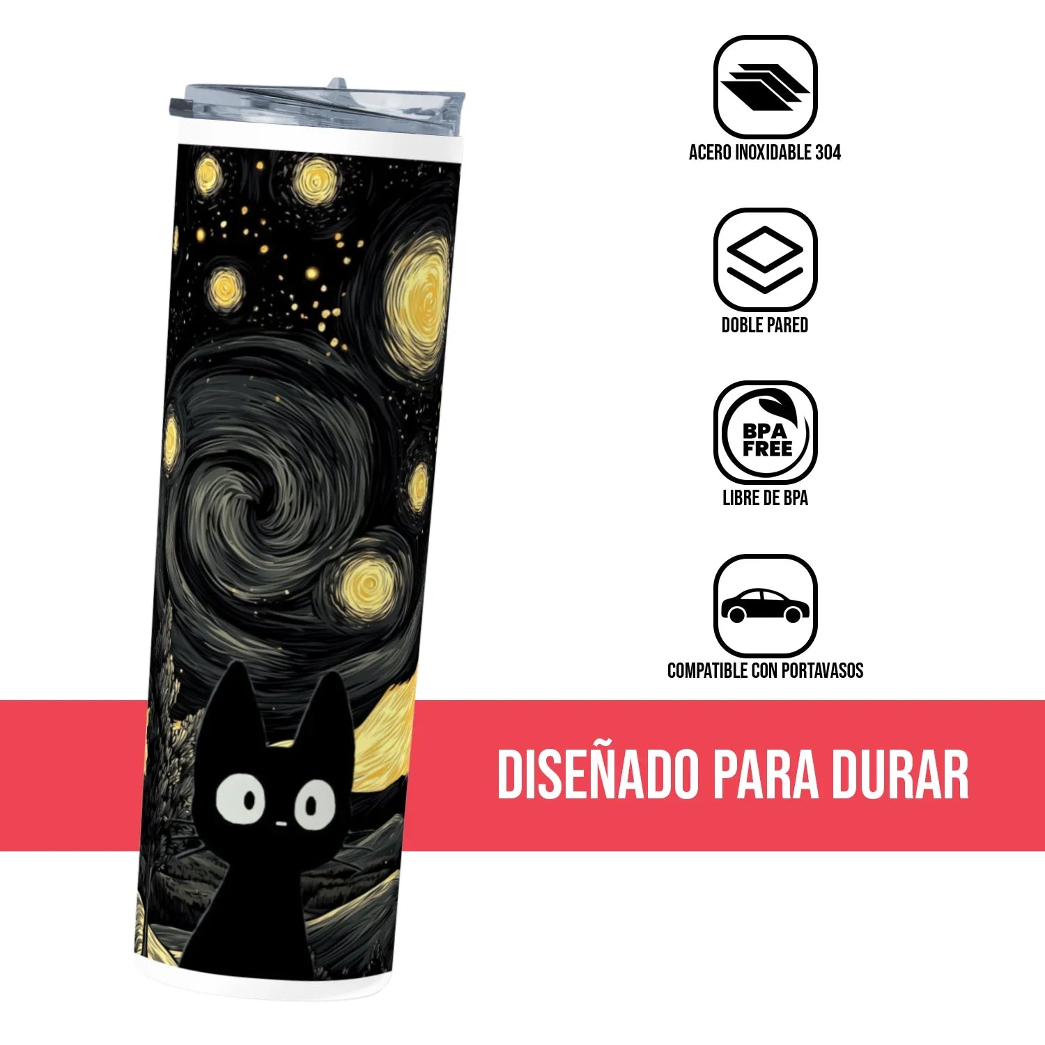 Termo Skinny Tumbler 20 oz de acero inoxidable - Gatito Negro Estilo Noche Estrella