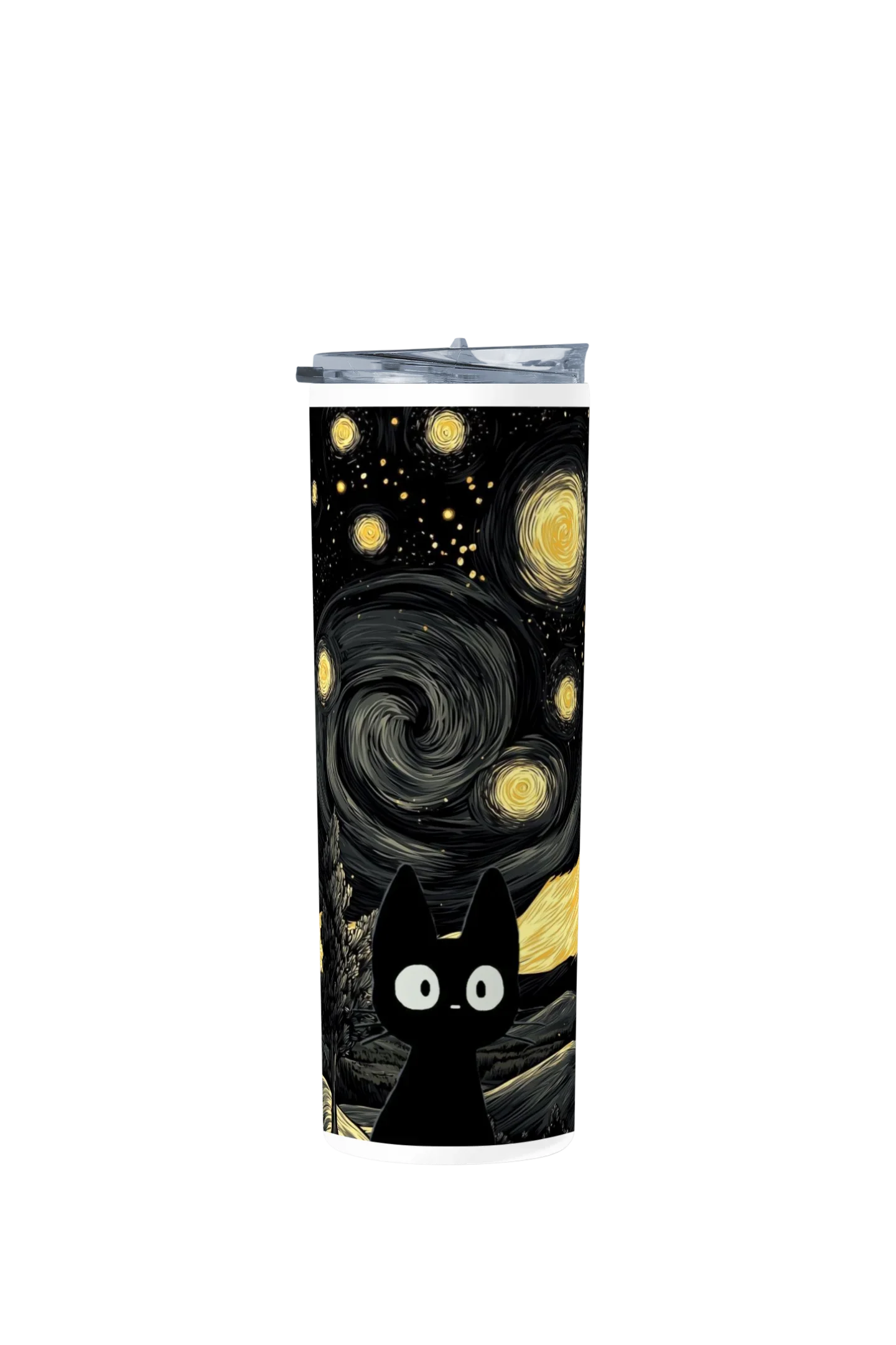 Termo Skinny Tumbler 20 oz de acero inoxidable - Gatito Negro Estilo Noche Estrella