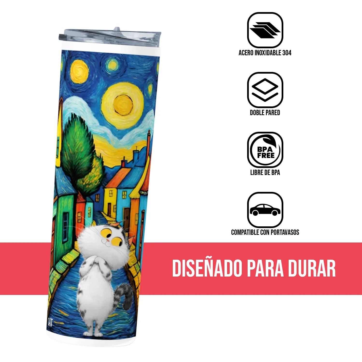 Termo Skinny Tumbler 20 oz de acero inoxidable - Gato en un pueblito. Pintura