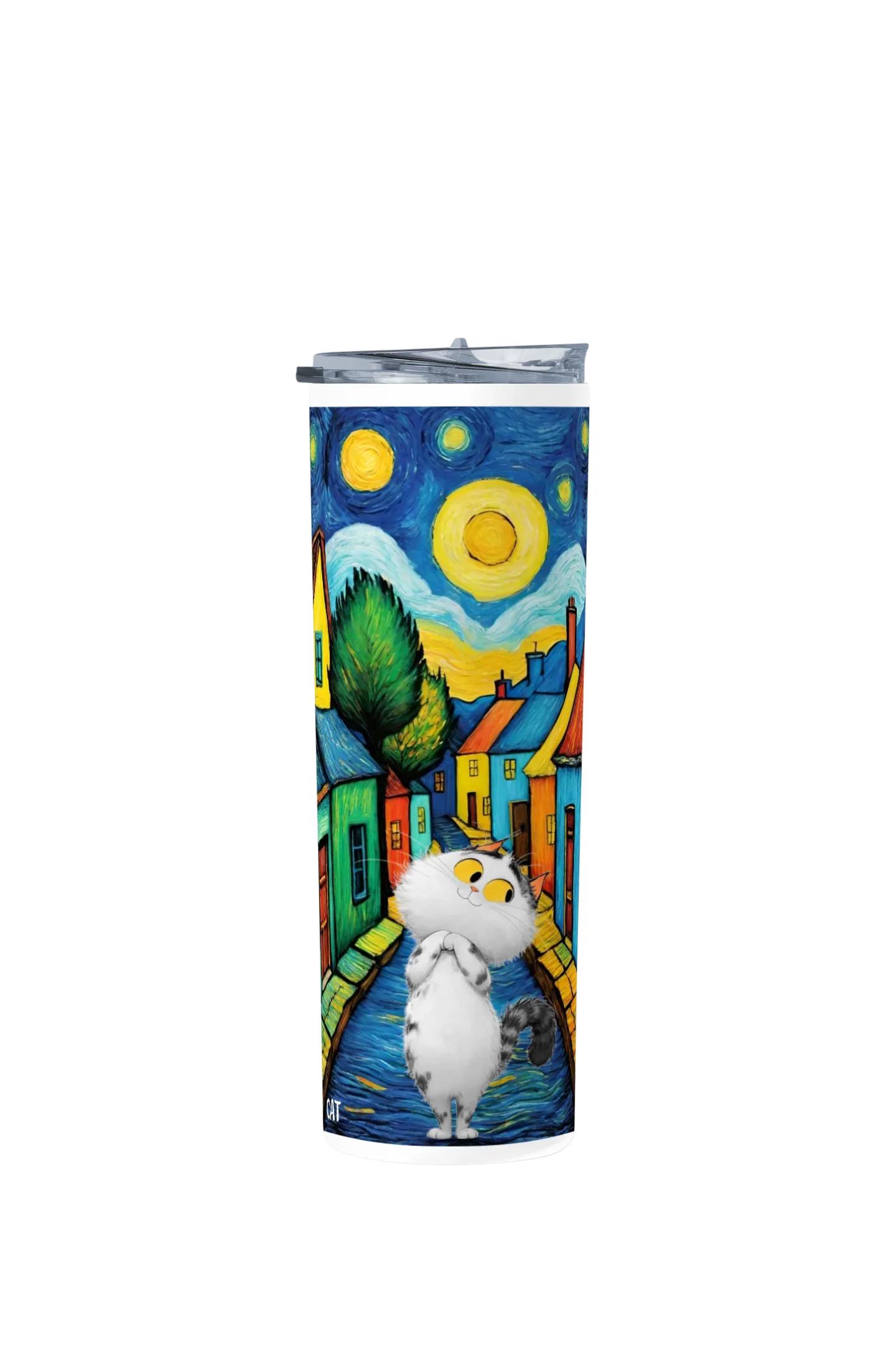 Termo Skinny Tumbler 20 oz de acero inoxidable - Gato en un pueblito. Pintura