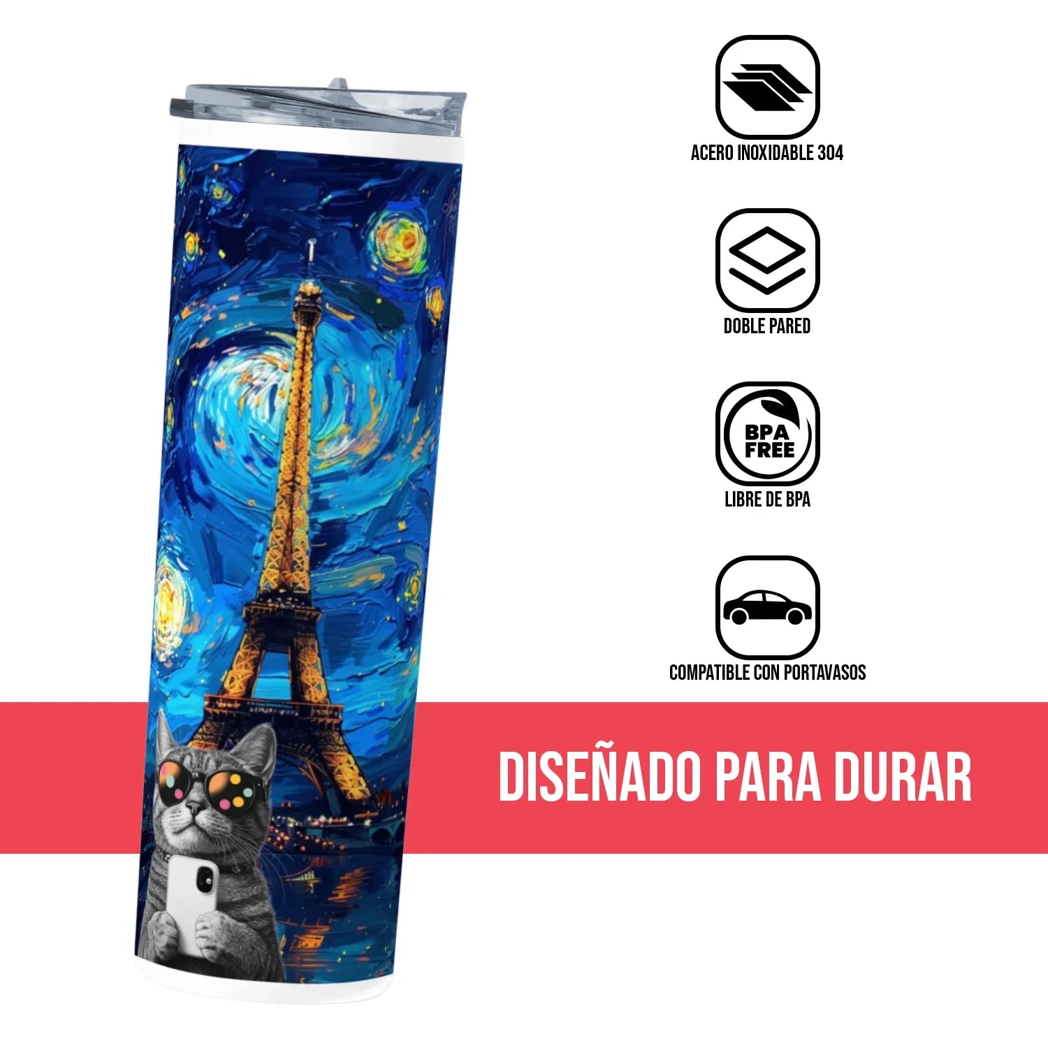 Termo Skinny Tumbler 20 oz de acero inoxidable - Gato en Paris. Estilo Van Gogh