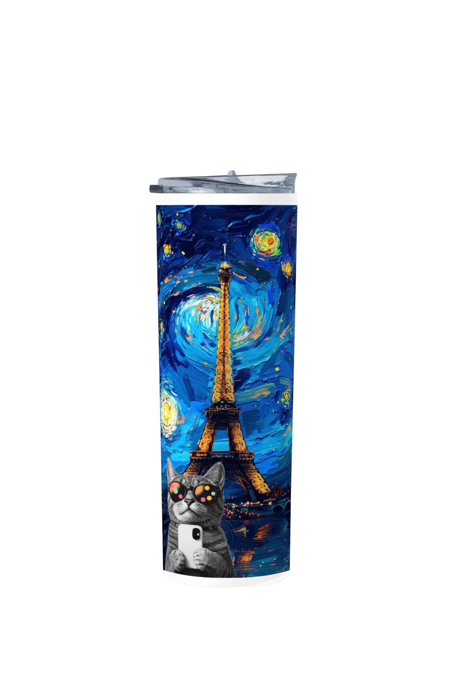 Termo Skinny Tumbler 20 oz de acero inoxidable - Gato en Paris. Estilo Van Gogh
