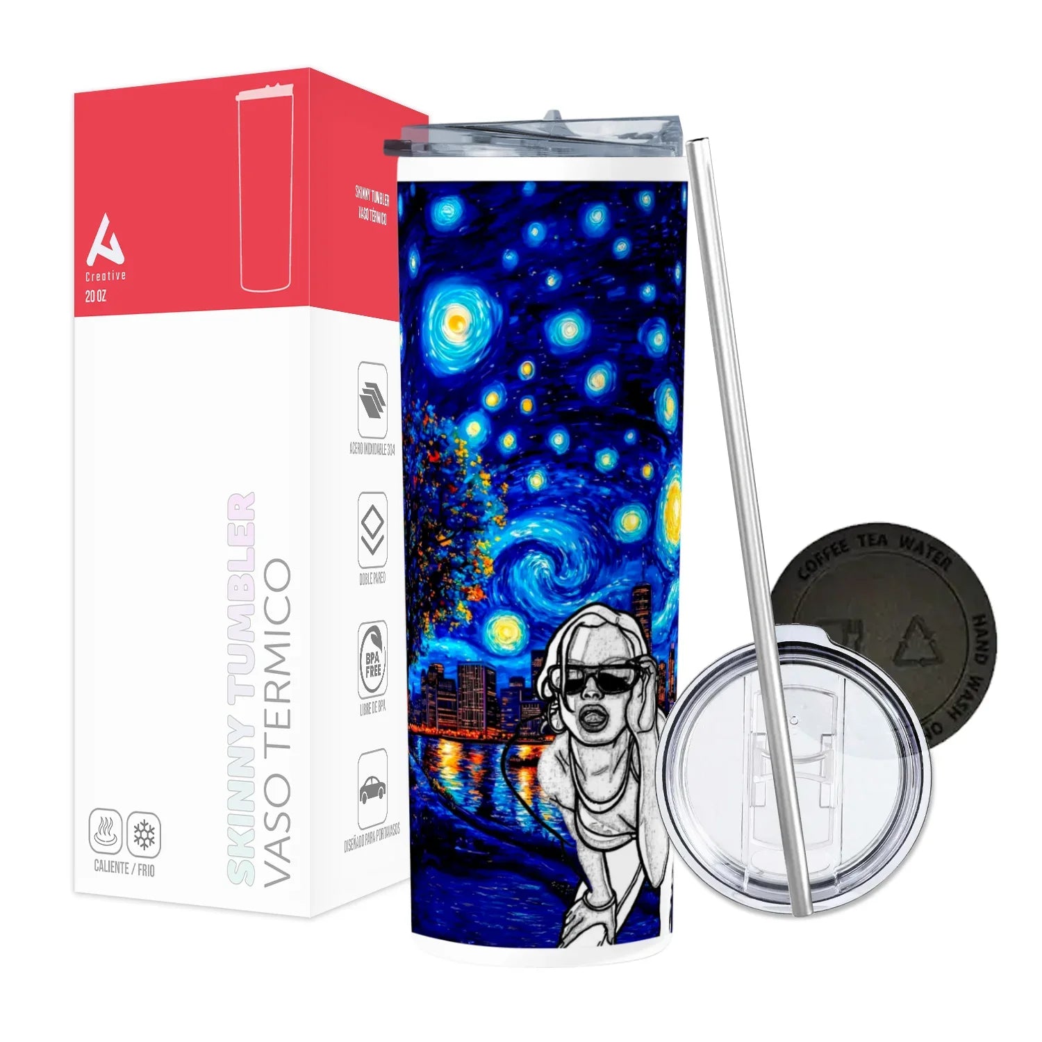 Termo Skinny Tumbler 20 oz de acero inoxidable - Chica San Andreas. Estilo Van Gogh