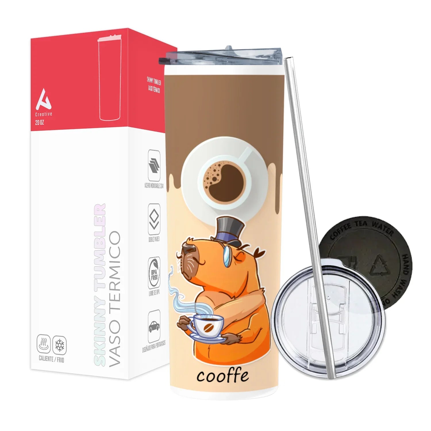 Termo Skinny Tumbler 20 oz de acero inoxidable - Capibara toma cafe