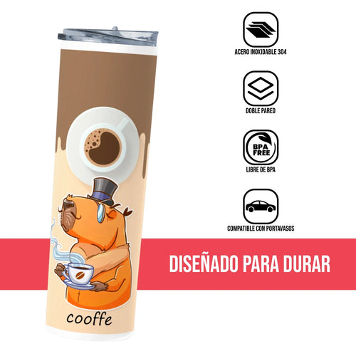 Termo Skinny Tumbler 20 oz de acero inoxidable - Capibara toma cafe