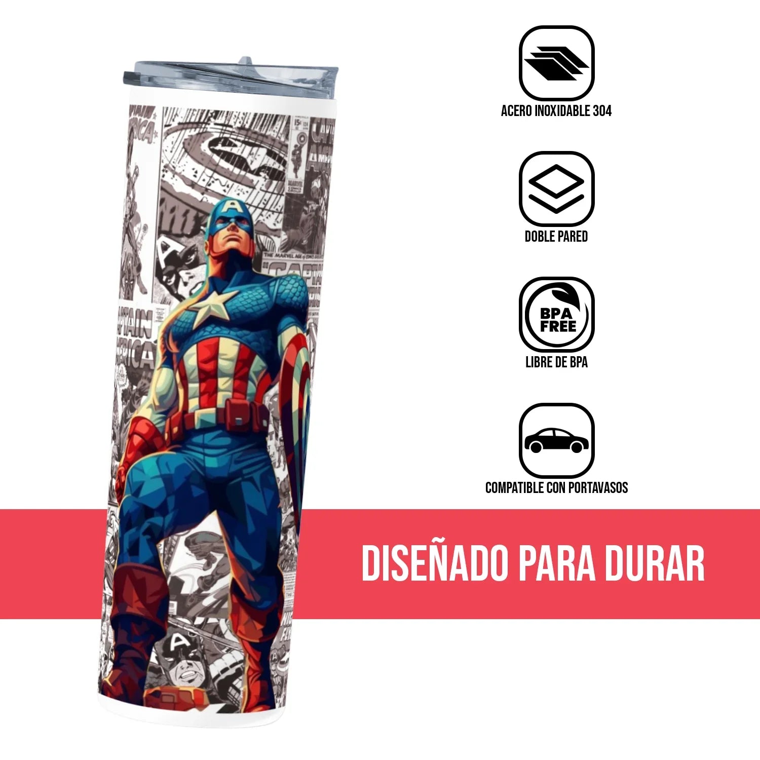 Termo Skinny Tumbler 20 oz de acero inoxidable - Capitan America Comic