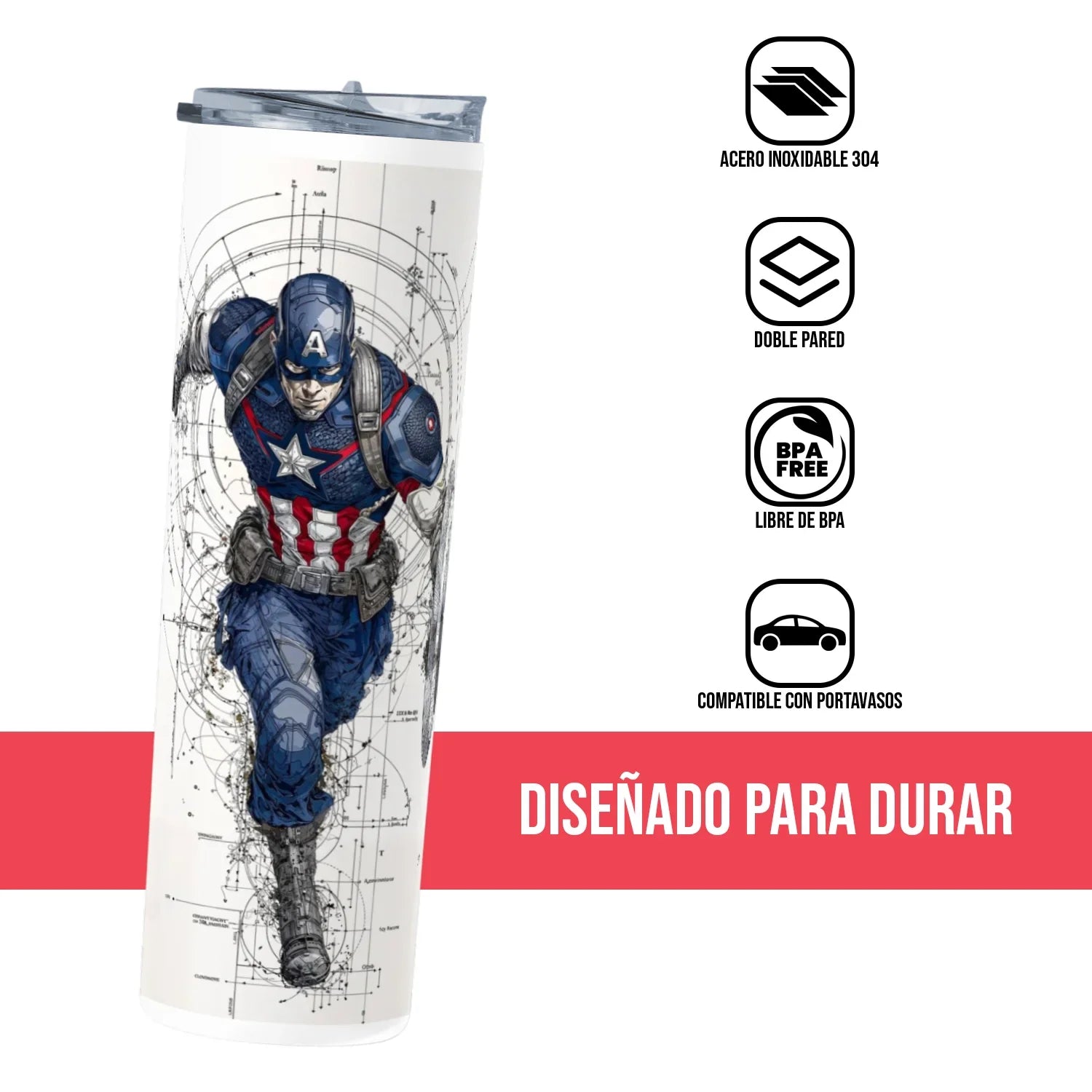 Termo Skinny Tumbler 20 oz de acero inoxidable - Capitan America Sketch