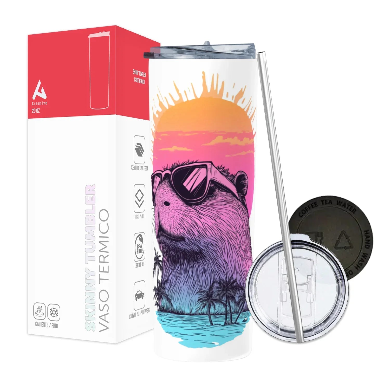 Termo Skinny Tumbler 20 oz de acero inoxidable - Capybara vacacion