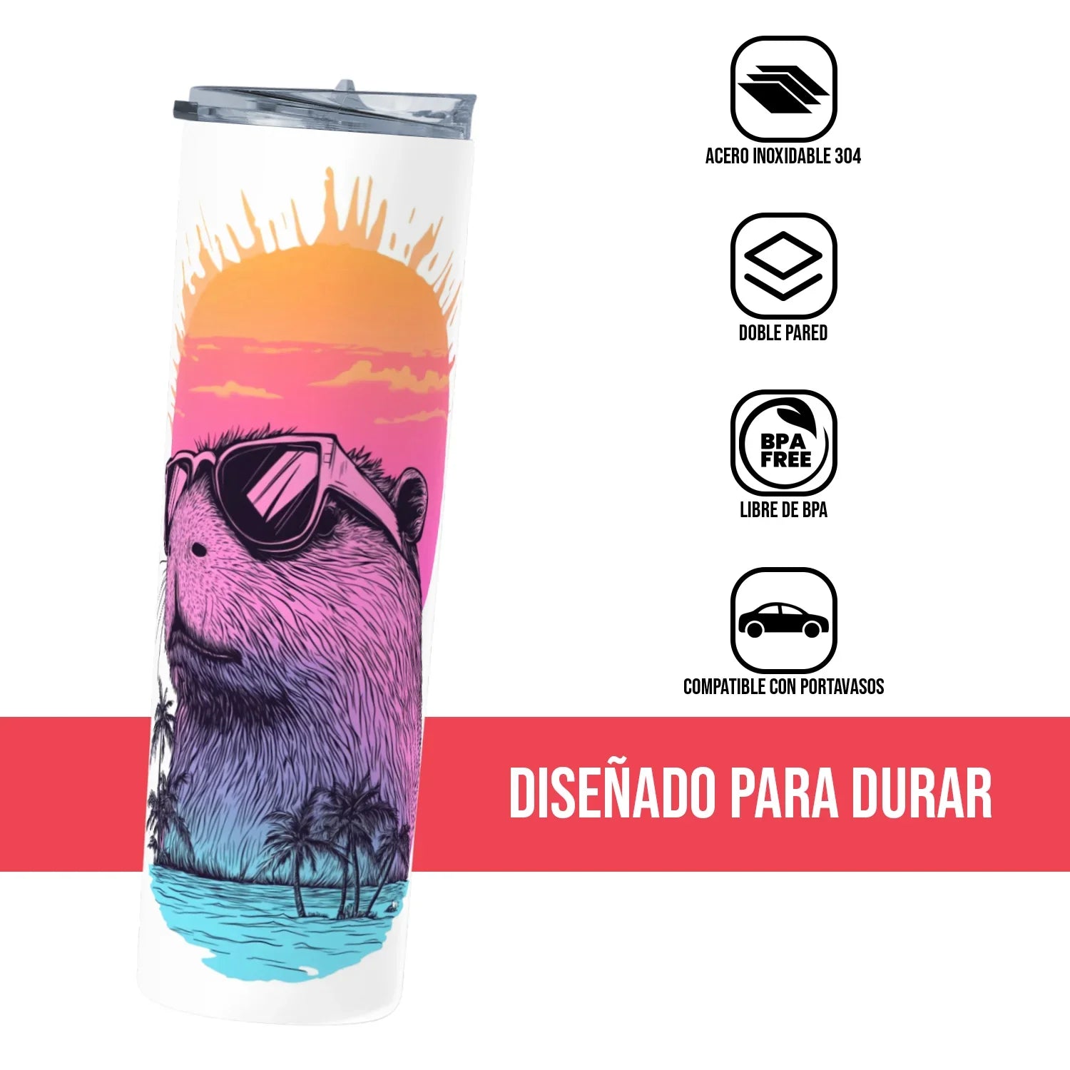 Termo Skinny Tumbler 20 oz de acero inoxidable - Capybara vacacion