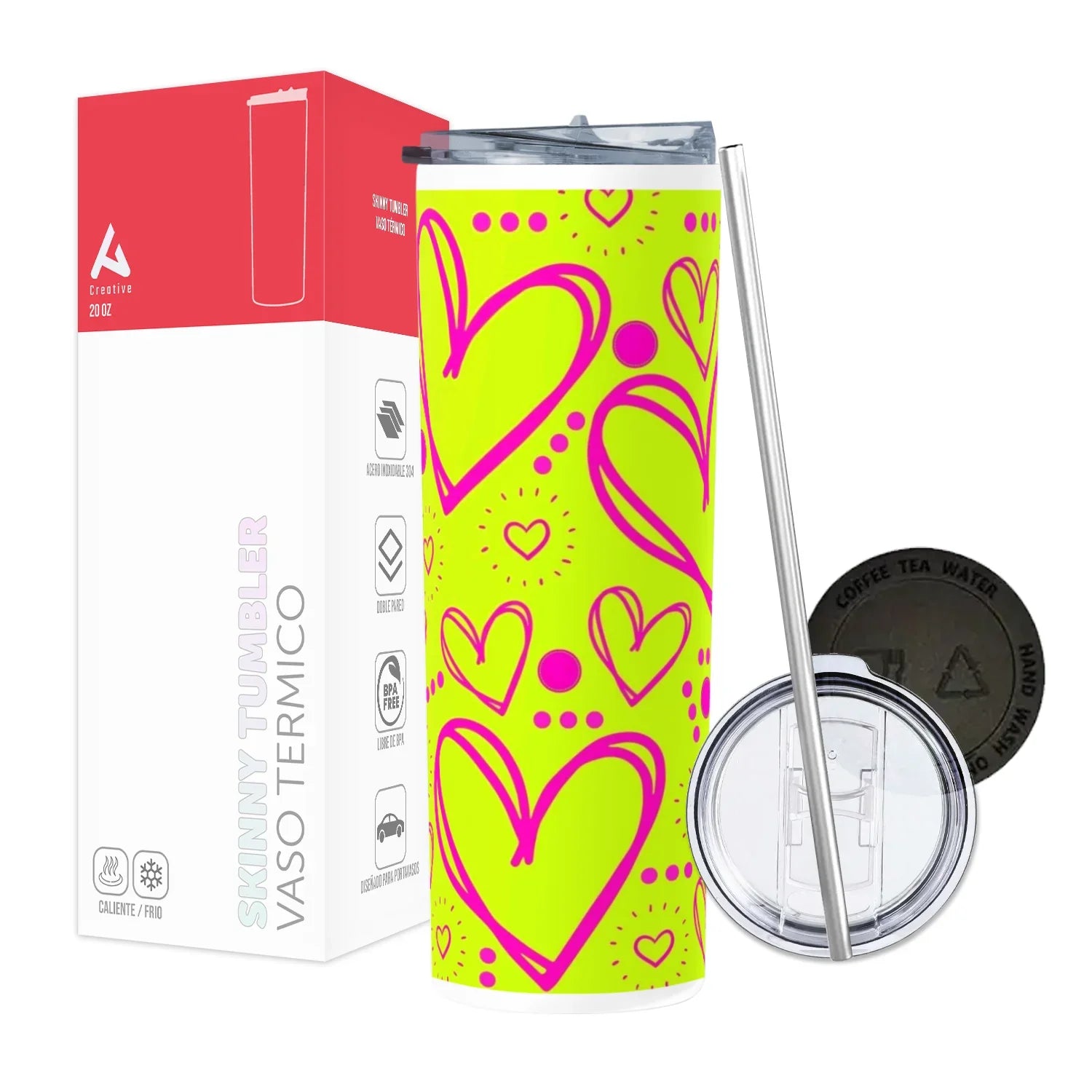 Termo Skinny Tumbler 20 oz de acero inoxidable - Corazones fondo amarillo
