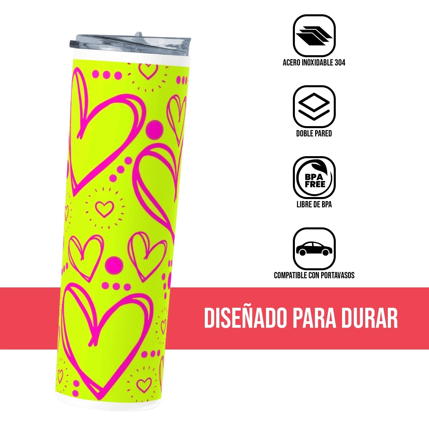 Termo Skinny Tumbler 20 oz de acero inoxidable - Corazones fondo amarillo