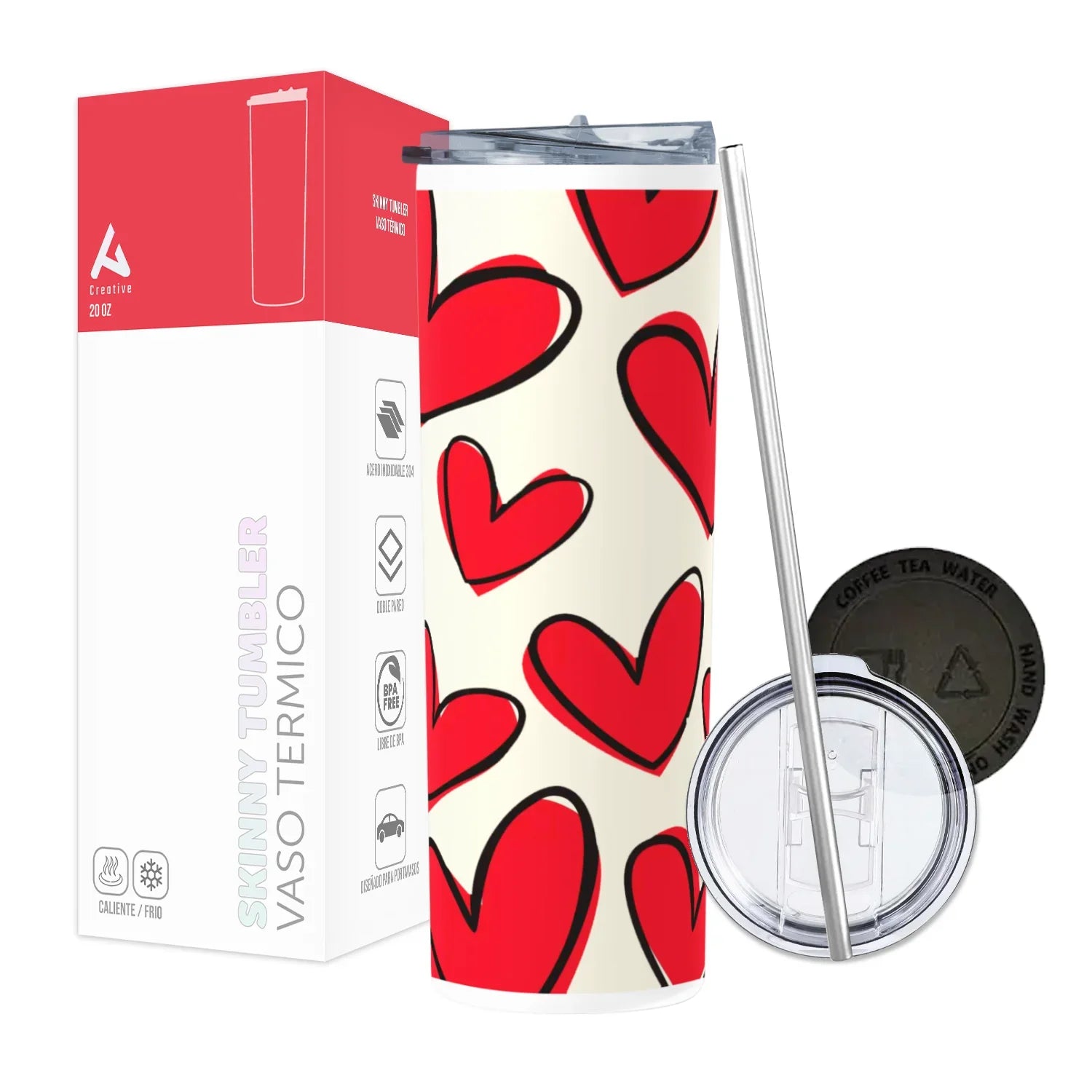 Termo Skinny Tumbler 20 oz de acero inoxidable - Corazones