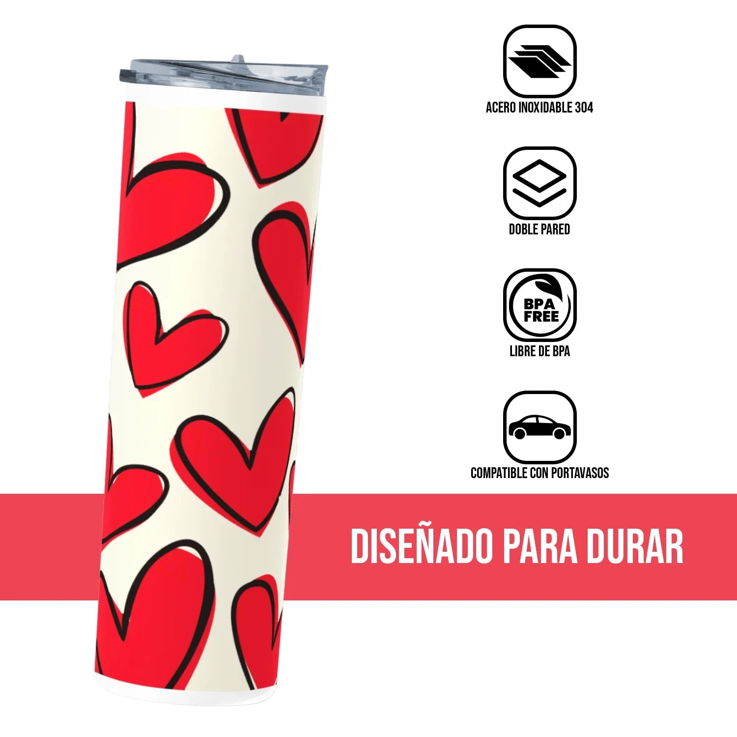 Termo Skinny Tumbler 20 oz de acero inoxidable - Corazones