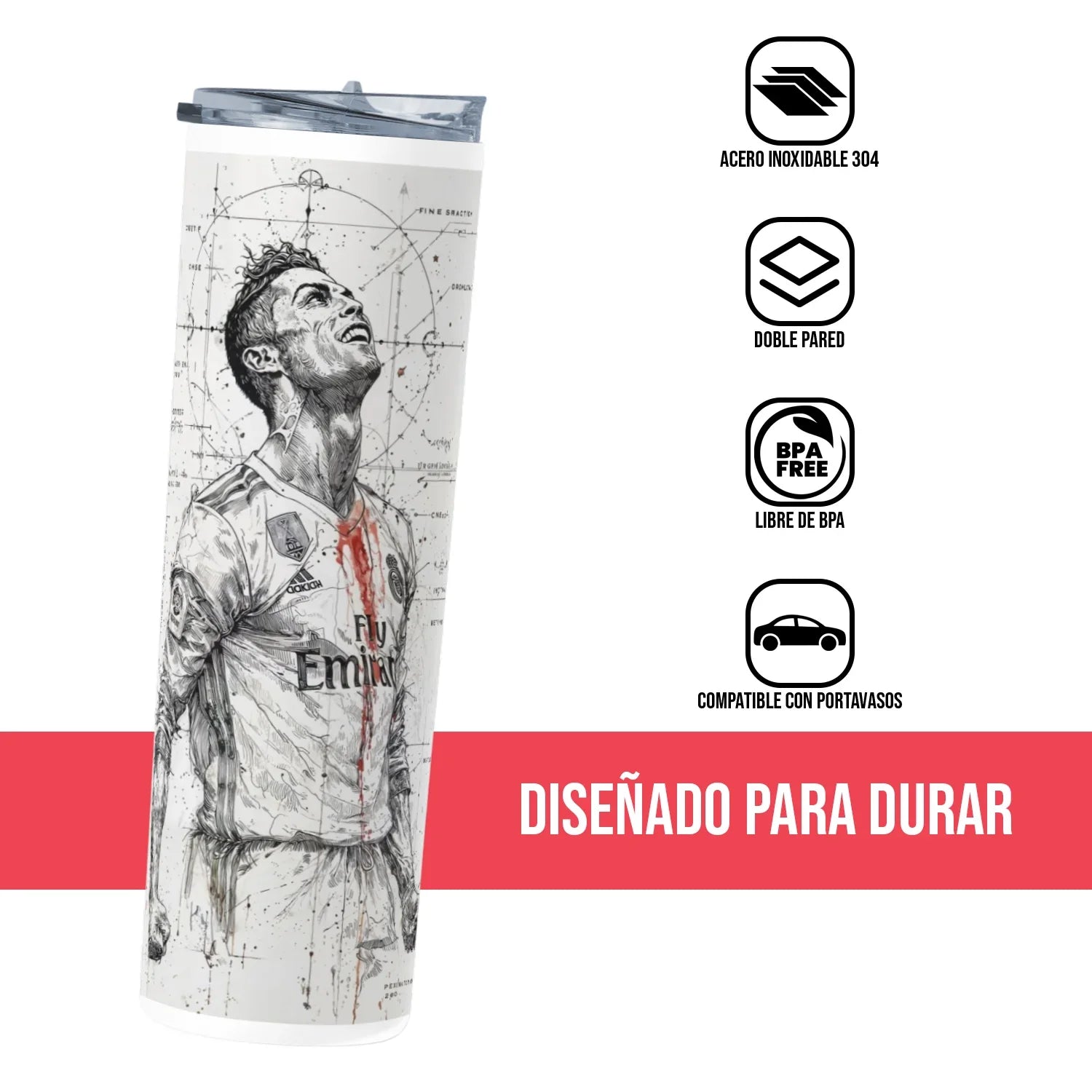 Termo Skinny Tumbler 20 oz de acero inoxidable - Cristiano Ronaldo Sketch