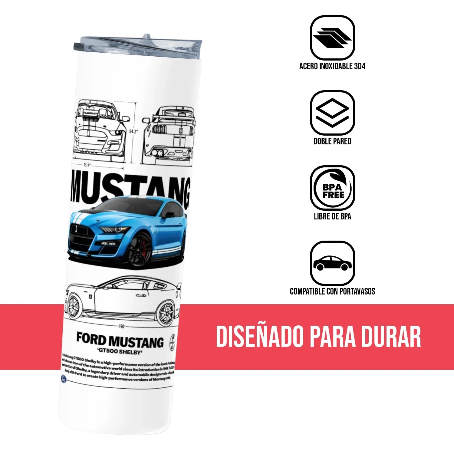 Termo Skinny Tumbler 20 oz de acero inoxidable - Descripcion Mustang