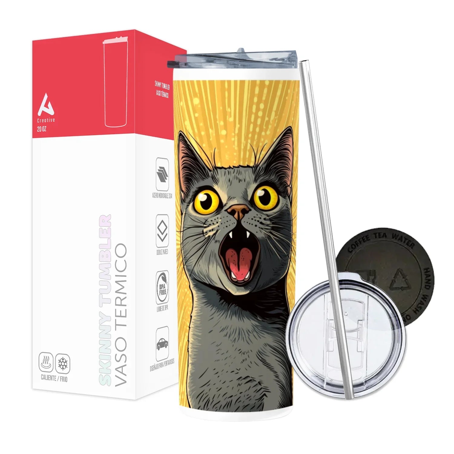 Termo Skinny Tumbler 20 oz de acero inoxidable - Gato Sorprendido
