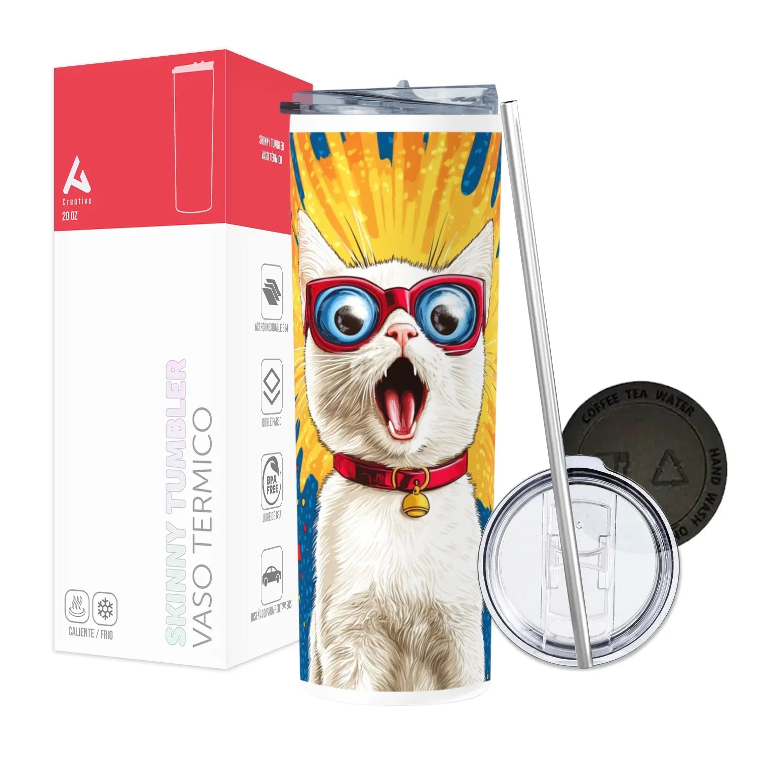 Termo Skinny Tumbler 20 oz de acero inoxidable - Gato sorprendido lentes