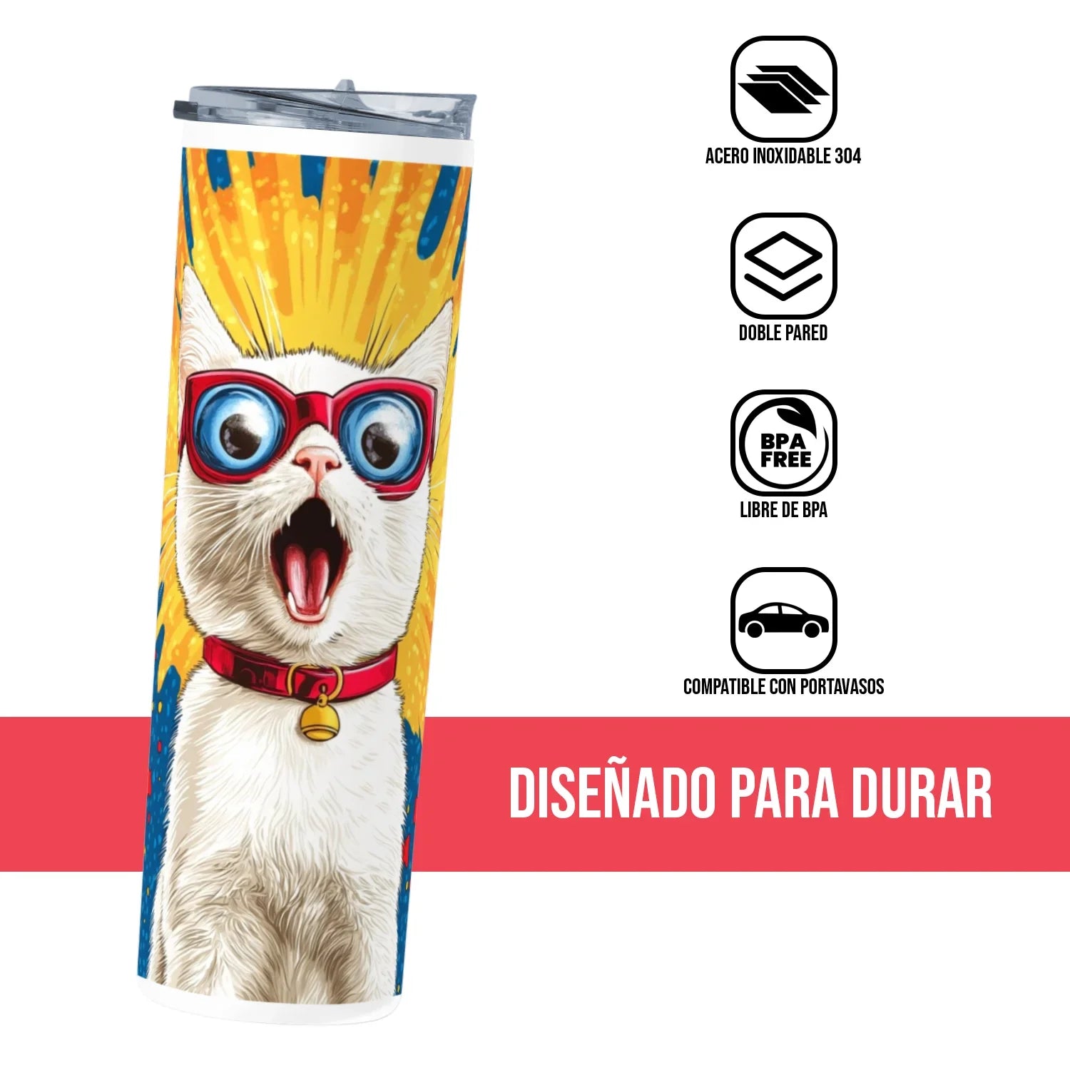 Termo Skinny Tumbler 20 oz de acero inoxidable - Gato sorprendido lentes