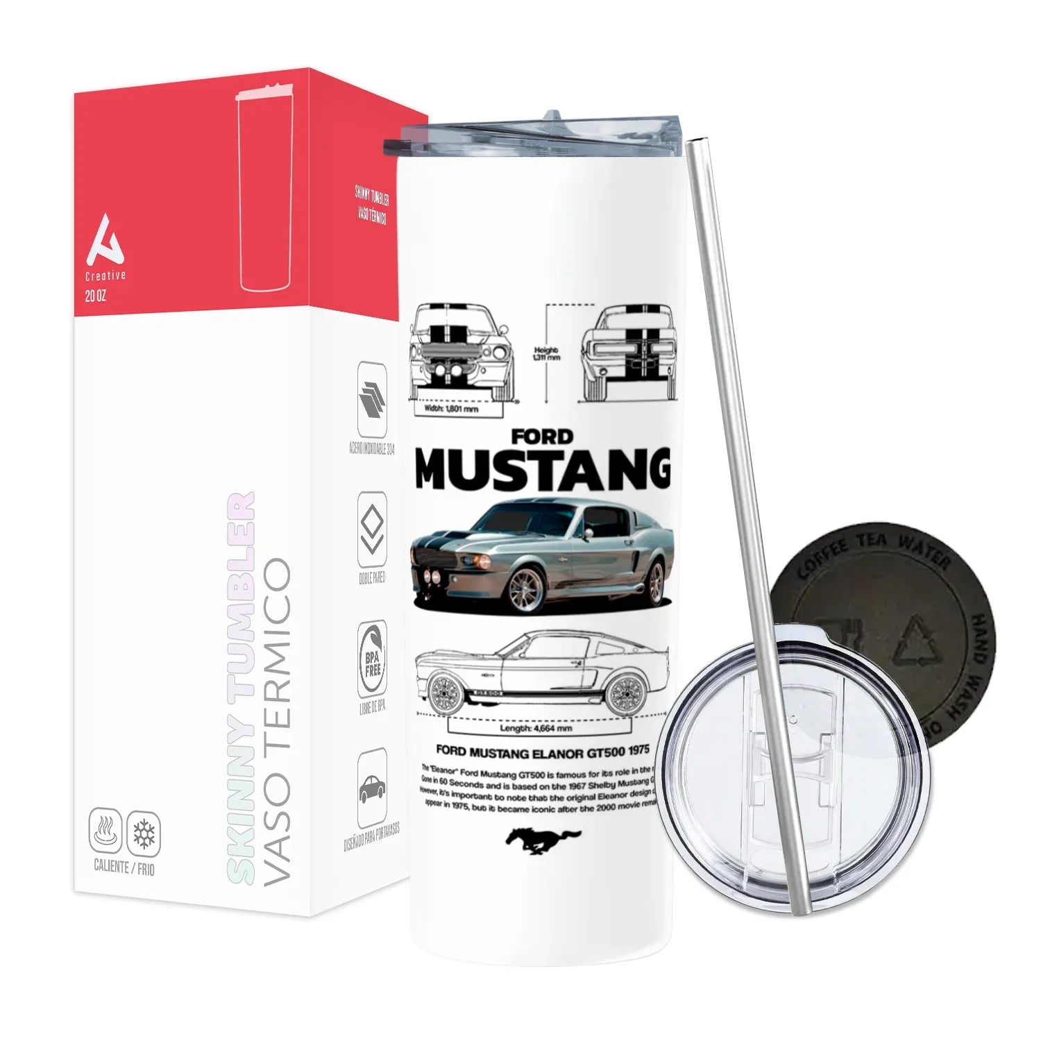 Termo Skinny Tumbler 20 oz de acero inoxidable - Gt500 mustang