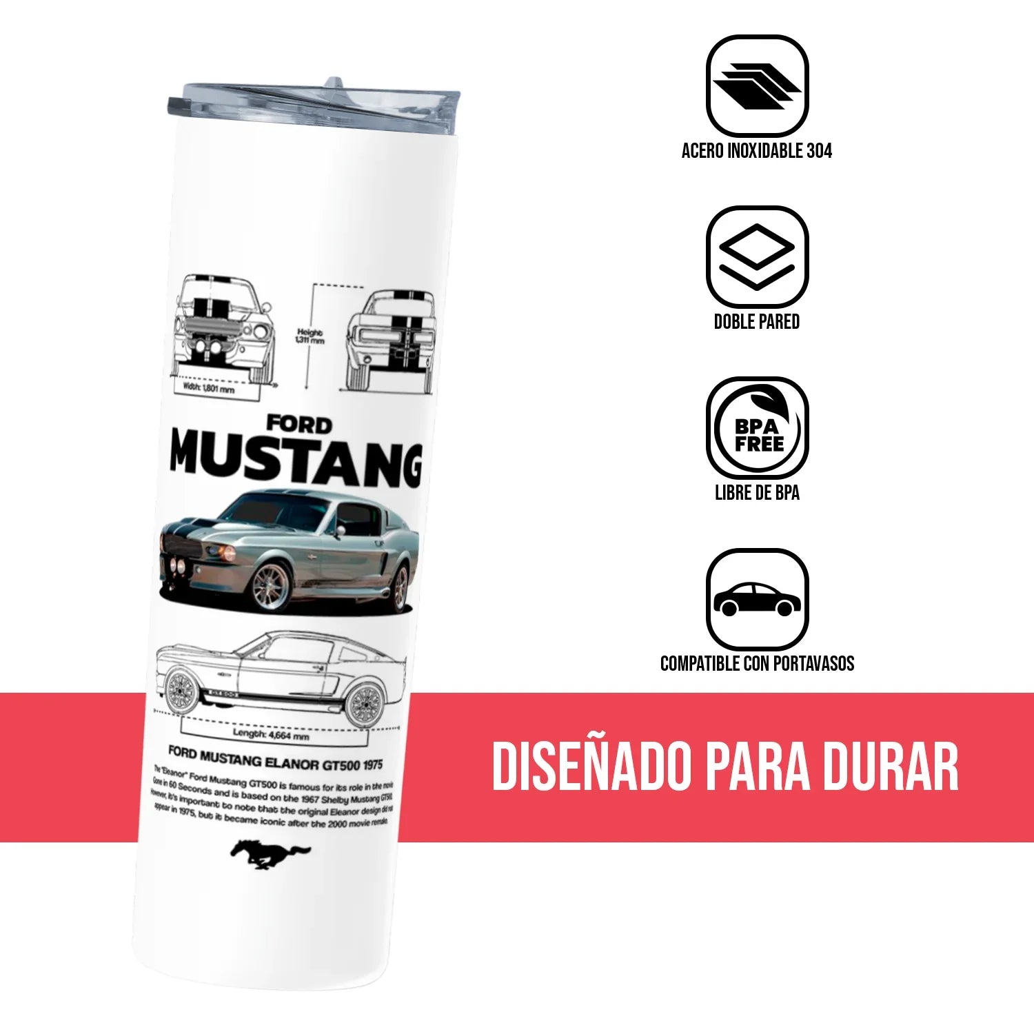 Termo Skinny Tumbler 20 oz de acero inoxidable - Gt500 mustang
