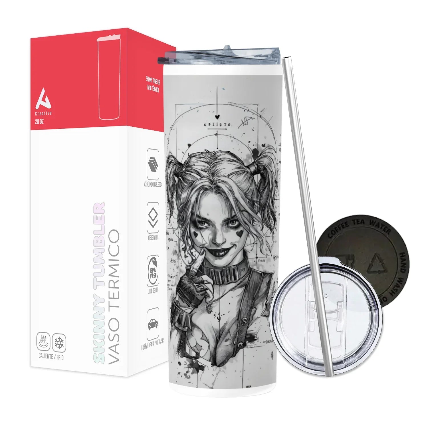 Termo Skinny Tumbler 20 oz de acero inoxidable - Harley Quinn Sketch