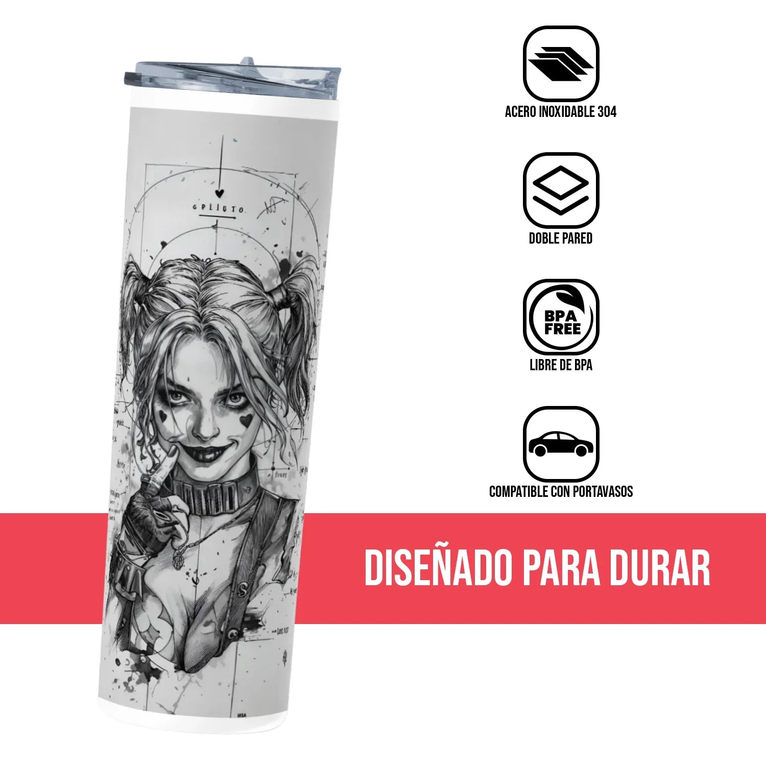 Termo Skinny Tumbler 20 oz de acero inoxidable - Harley Quinn Sketch