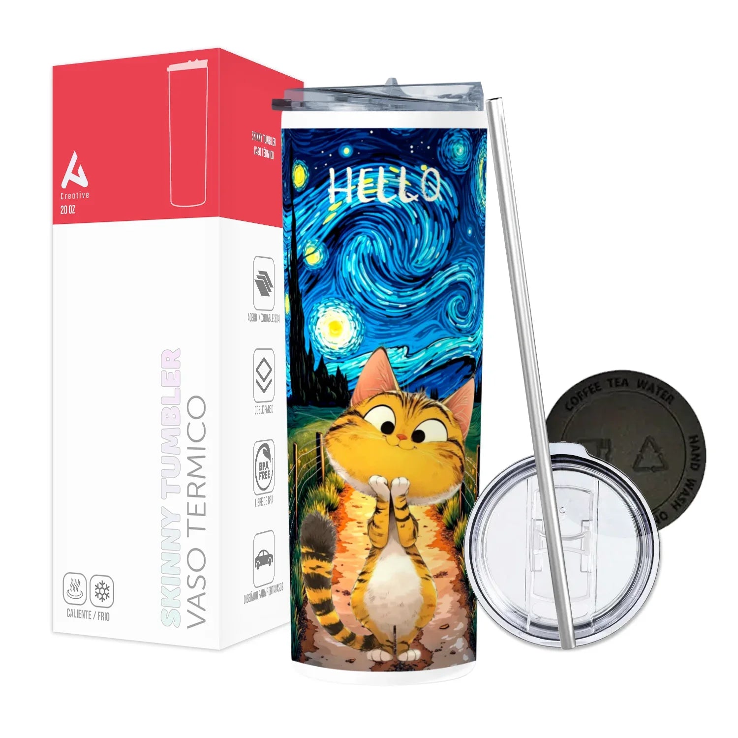 Termo Skinny Tumbler 20 oz de acero inoxidable - Hello Cat